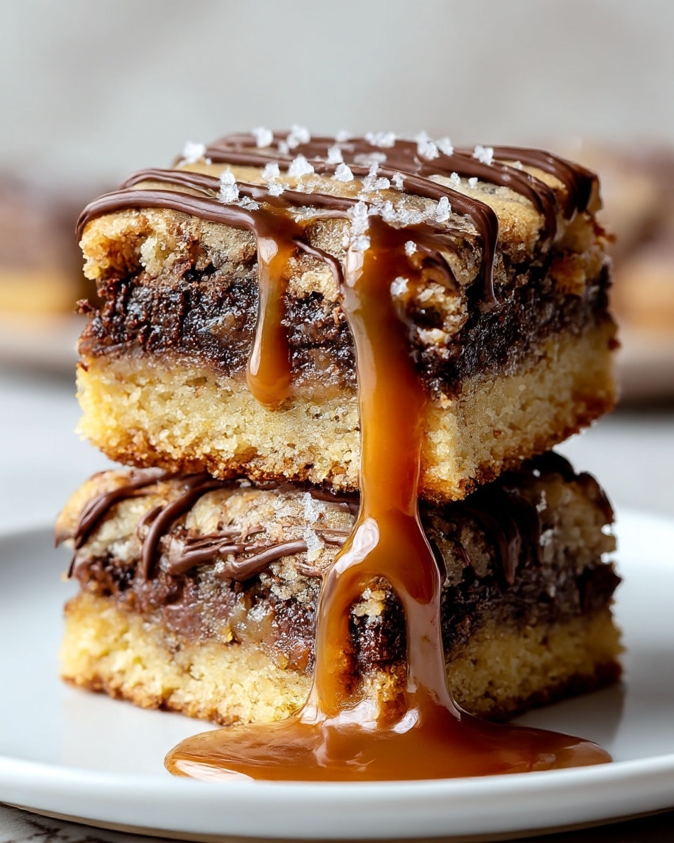 Two stacked chocolate chip cookie bars are shown on a white plate, each bar has three distinct layers: the bottom is a golden, crumbly cookie layer, the middle is a dark, melted chocolate chip layer, and the top is a lighter cookie layer with chocolate drizzles and coarse sugar crystals sprinkled on top. A thick, shiny caramel sauce drips down the center from the top bar onto the bottom bar and plate. The background features a soft white marbled texture. photo taken with an iphone --ar 4:5 --v 7
