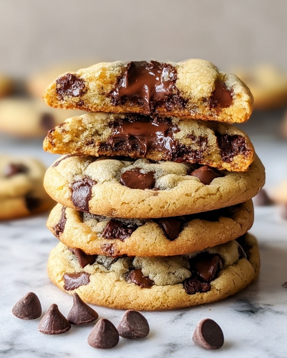A stack of four thick chocolate chip cookies sits on a white marbled surface, with the top cookie broken in half showing its soft, gooey inside filled with melted dark chocolate chips; the cookie layers are golden brown with darker crispy edges and scattered chocolate chips throughout, while several whole chocolate chips lie around the base, adding contrast to the warm tones of the cookies. photo taken with an iphone --ar 4:5 --v 7
