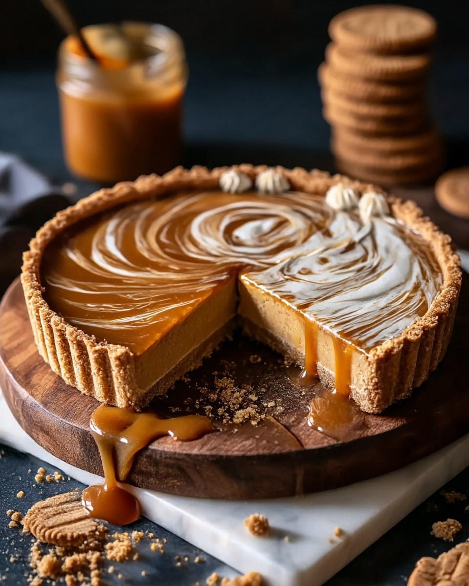 A round tart with a thick golden-brown crust holds a glossy caramel filling that is smoothly swirled with white cream on the top layer. One slice is cut out, showing the dense caramel layer resting on a firm crust base. Caramel sauce drips from the cut slice onto the white marbled surface beneath a rustic wooden board. Crumbs scatter around the tart, and a jar of caramel spread along with stacked round cookies are blurred in the dark background. Photo taken with an iphone --ar 4:5 --v 7