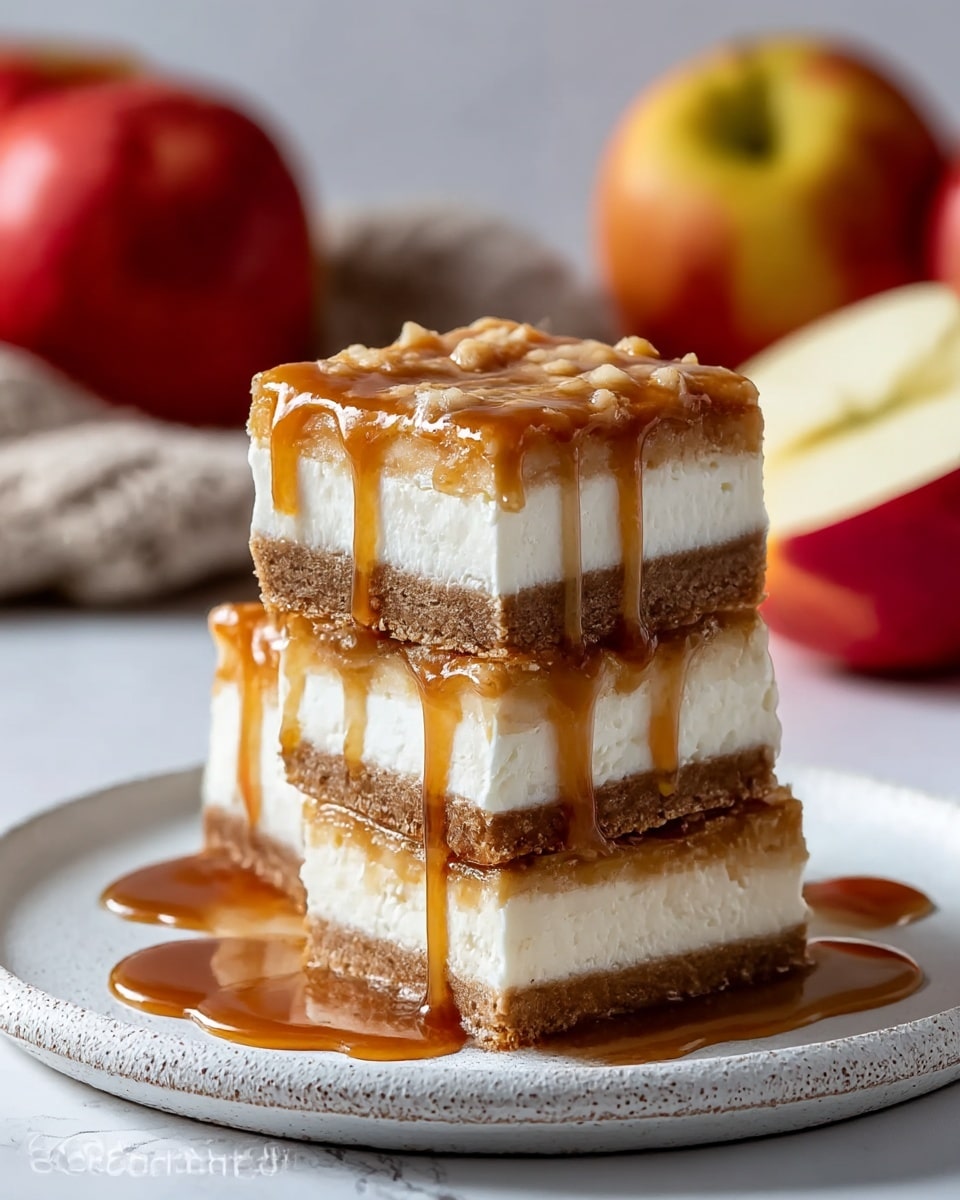 Three square pieces of dessert stacked on a white plate with a rough texture, set on a white marbled surface. Each piece has three visible layers: a firm brown base layer, a thick white middle layer with a creamy texture, and a top layer of light brown caramel mixed with small nut pieces. The caramel sauce drips down the sides of the dessert, creating a glossy effect. In the background, out of focus, are red and yellow apples and a knitted cloth. Photo taken with an iphone --ar 4:5 --v 7
