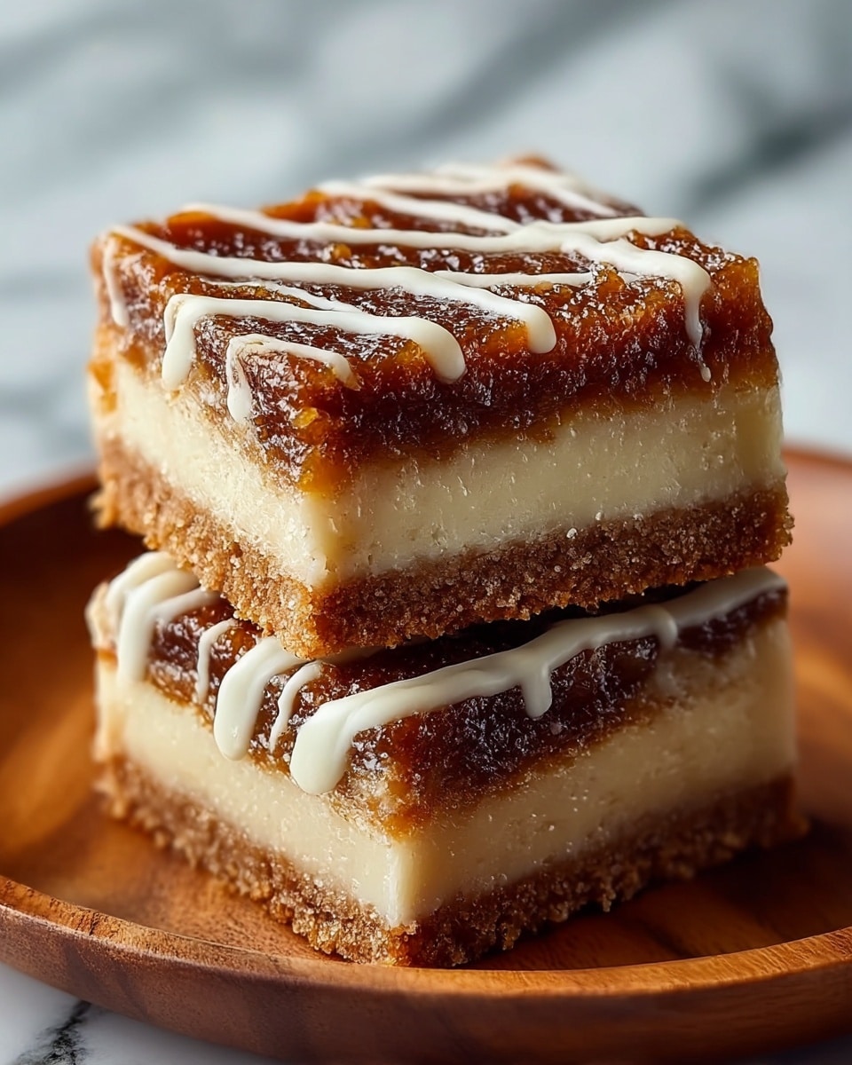 Two square dessert bars are stacked on a wooden plate, each bar showing three layers. The bottom layer is a crispy, crumbly brown crust. The middle layer is thick, creamy, and light beige, looking smooth and soft. The top layer is a dark brown caramelized, sticky topping with a slightly rough texture. White icing is drizzled in thin lines across the top and sides of the bars. The background is blurred with a white marbled texture underneath the wooden plate. photo taken with an iphone --ar 4:5 --v 7