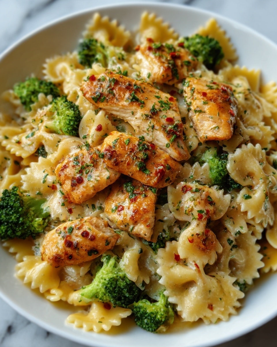 The image shows a white plate filled with pasta in the shape of small bows, which are light tan in color and appear cooked to a soft texture. On top of the pasta, there are several pieces of grilled chicken with a brown, slightly crispy surface, sprinkled with green herbs and bits of red seasoning. Around the edge of the plate, there are bright green broccoli florets adding color contrast and texture. A small wedge of lemon rests near the top left side, likely for squeezing over the dish. The whole scene is set on a white marbled surface, and the lighting highlights the glossy texture of the pasta and juicy look of the chicken pieces. photo taken with an iphone --ar 4:5 --v 7