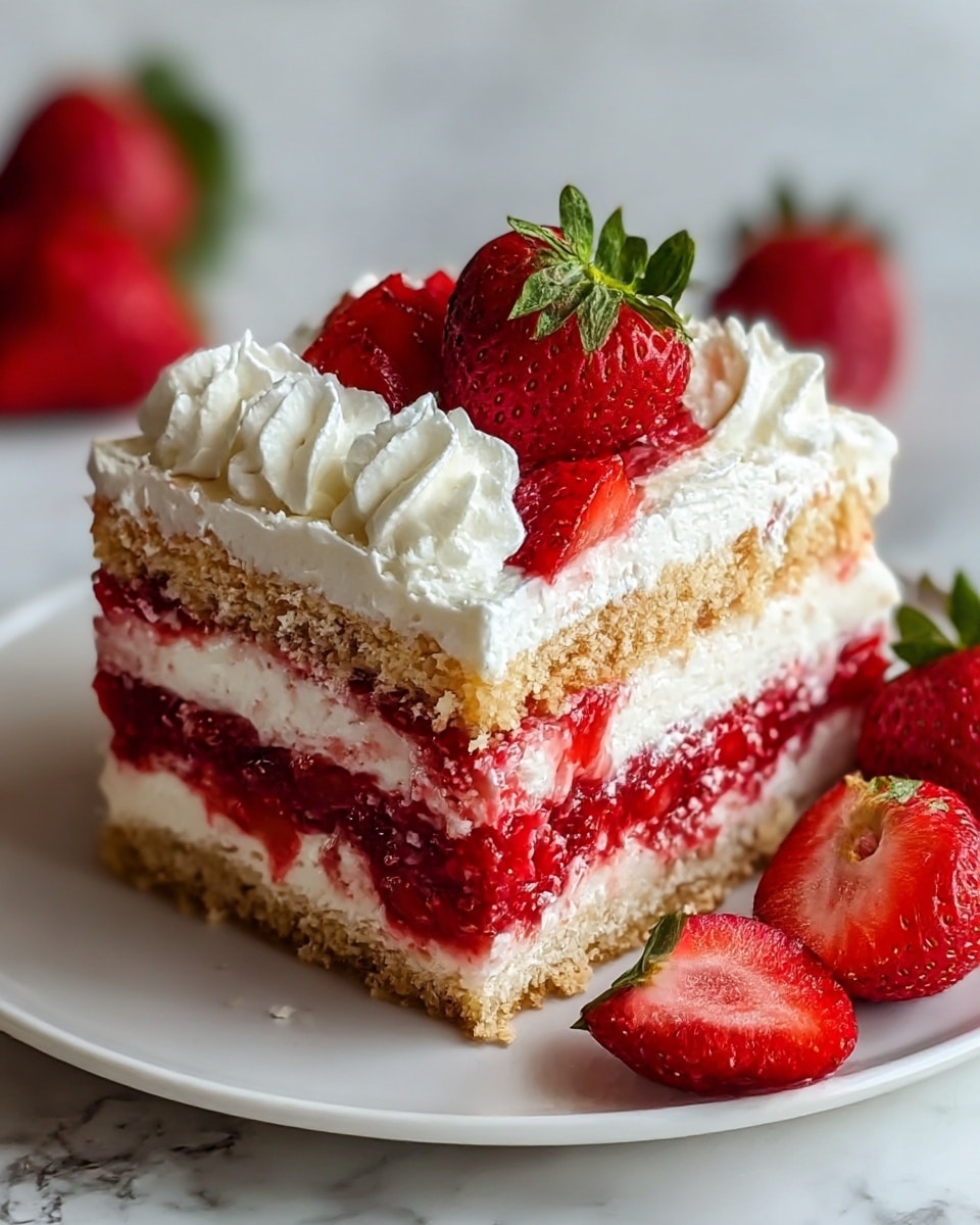 A close-up of a layered strawberry dessert on a round white plate. The dessert has four visible layers: a crumbly light brown base, followed by a thick white creamy layer, then a bright red chunky strawberry layer with bits of fruit, topped with another thick white creamy layer. On top, there are dollops of whipped cream around the edges and several whole strawberries and a halved strawberry with green leaves. Some strawberries are also on the plate next to the dessert. The plate sits on a white marbled texture surface. photo taken with an iphone --ar 4:5 --v 7