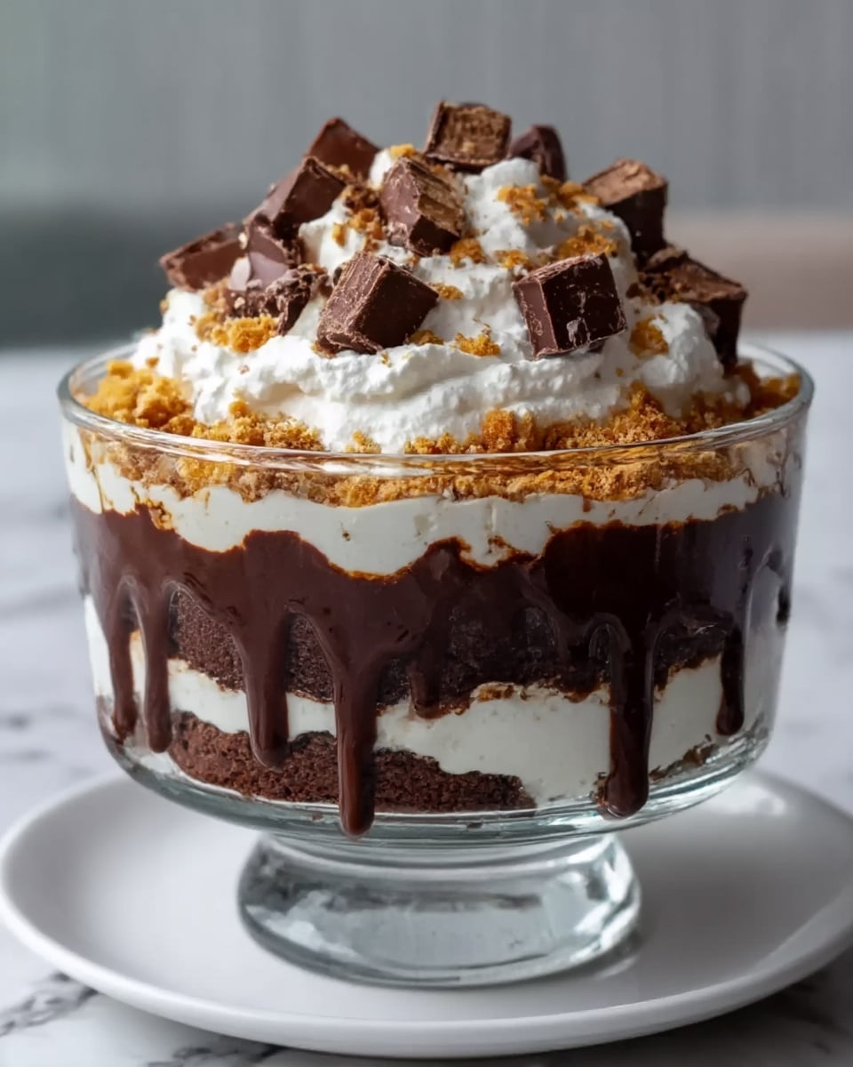 A glass dessert cup is filled with multiple layers, starting at the bottom with a dark brown crumbly layer, followed by a creamy white layer. Above that, there is a rich dark chocolate sauce dripping slightly over the edge of the cup. On top, there is a thick swirl of white whipped cream covered with crunchy broken pieces of chocolate and golden caramel bits. The cup sits on a white plate, all placed on a white marbled surface. photo taken with an iphone --ar 4:5 --v 7