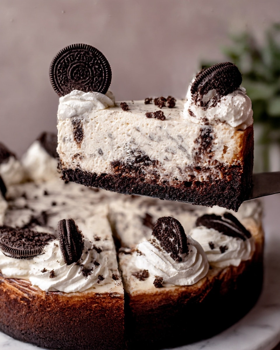 The image shows a slice of cookies and cream cheesecake being lifted, displaying three main layers: a deep dark brown chocolate crust at the bottom, a thick creamy white cheesecake layer with specks of cookie pieces in the middle, and a smooth white whipped cream layer with tiny cookie crumb bits on top. The top layer is decorated with a half Oreo cookie and small chocolate chips. The larger cake below reveals more swirls of the same chocolate and cheesecake mixture, topped with generous dollops of whipped cream each crowned with half Oreo cookies, all placed on a white marbled surface. Photo taken with an iphone --ar 4:5 --v 7