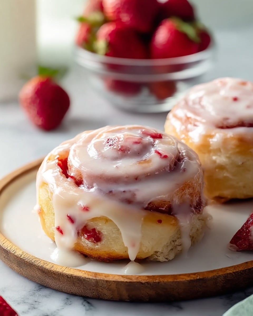 Two thick cinnamon rolls sit on a white wooden plate, each layered with soft, fluffy dough that is golden brown at the edges. The rolls are generously coated with a shiny, creamy white icing that drips slowly down the sides, dotted with small bits of red strawberry pieces mixed in the icing. The swirl pattern of the roll is visible beneath the icing, showing the spiral layers of dough and strawberry filling. In the background, a glass bowl filled with fresh whole strawberries sits softly blurred on a white marbled surface, adding a pop of bright red color. photo taken with an iphone --ar 4:5 --v 7
