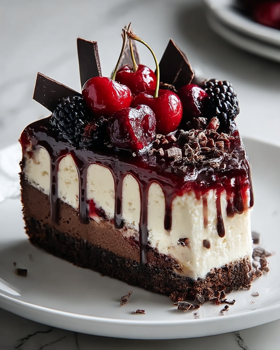 A slice of cake with four layers is shown on a white plate over a white marbled texture. The bottom layer is a dark brown crumbly crust, followed by a thick dark chocolate layer above it. Next is a thick creamy white cheesecake layer. The top has a shiny dark red fruit glaze with dark chocolate drips running down the sides. The glaze is decorated with bright red cherries, black blackberries, and dark chocolate shards standing up. Some small chocolate curls are sprinkled on top as well. photo taken with an iphone --ar 4:5 --v 7