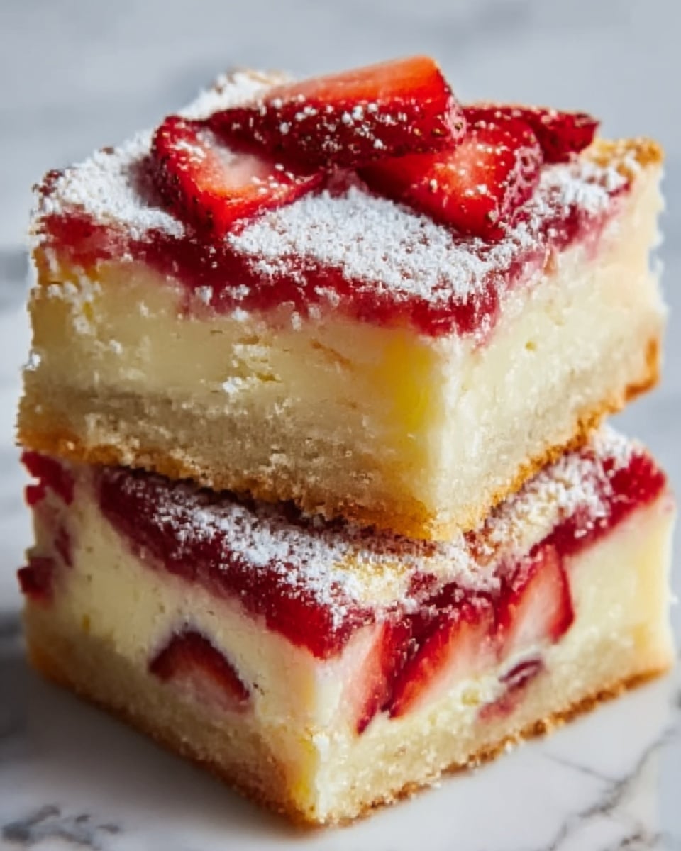 The image shows two square pieces of a dessert stacked on top of each other, with the top piece angled slightly to reveal the layers. Each piece has three layers: a light golden brown crust at the bottom, a thick creamy pale yellow filling in the middle, and a bright red layer of strawberry topping with some sliced strawberry pieces on top. The dessert is dusted with a light covering of powdered sugar, adding a soft white texture on top. The background features a white marbled surface. photo taken with an iphone --ar 4:5 --v 7