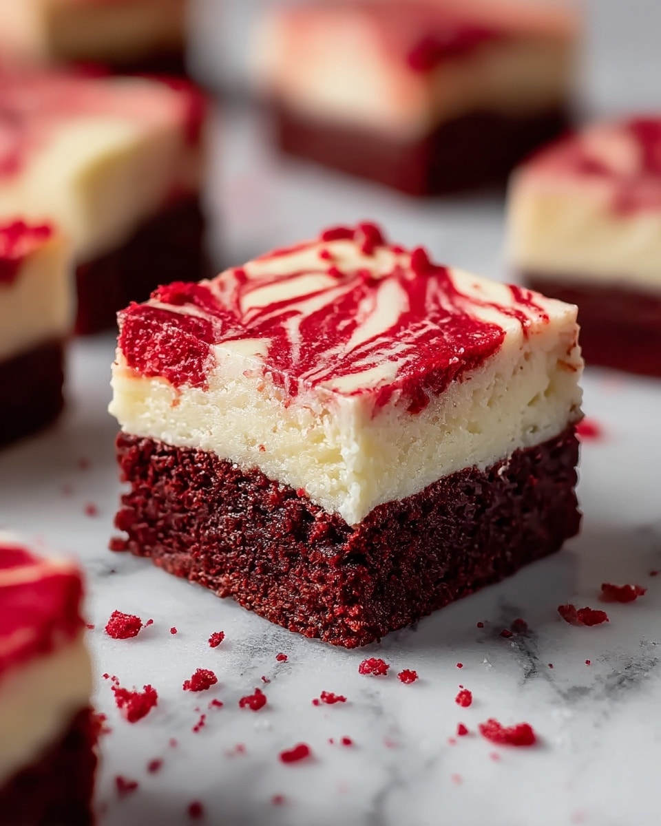 A close-up of a square slice of three-layered dessert resting on a white marbled surface with crumbs scattered around. The bottom layer is dense, dark red velvet cake with a moist texture, the middle layer is creamy and white with a smooth, slightly crumbly texture, and the top layer is a swirled mix of bright red and white cream, creating a marbled pattern. The edges of the top layer have bits of red crumbs, and the background shows more similar dessert pieces softly blurred. Photo taken with an iphone --ar 4:5 --v 7