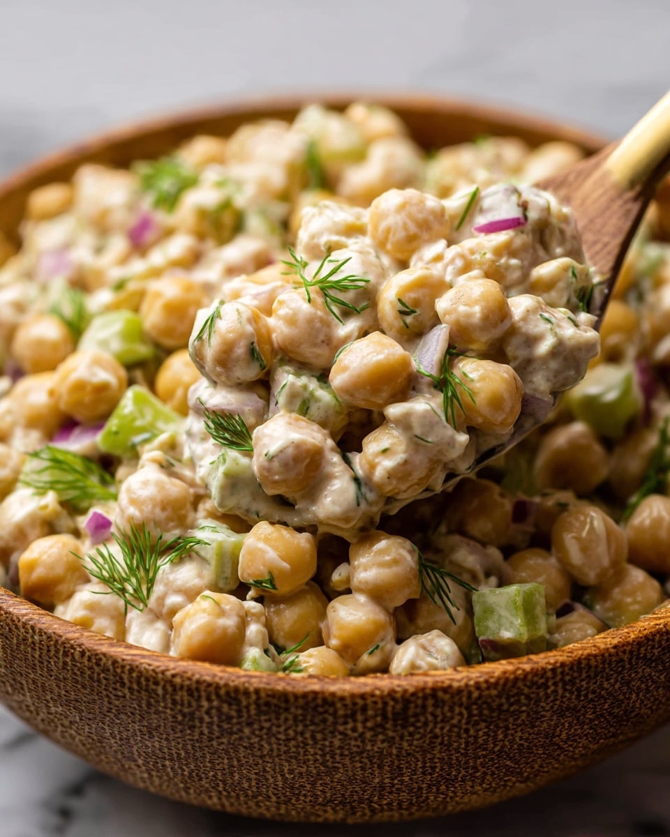 The image shows a close-up of a creamy chickpea salad in a textured wooden bowl sitting on a white marbled surface. The salad appears to have three main layers: round, light golden chickpeas coated in a creamy dressing, small green celery pieces adding crunch, and bits of purple-red onion for a slight sharpness. There are also small bright green dill leaves mixed throughout, adding fresh color specks. A spoon is scooping the salad up from the bowl, showing the creamy texture and the mix of colors and ingredients in detail. Photo taken with an iphone --ar 4:5 --v 7