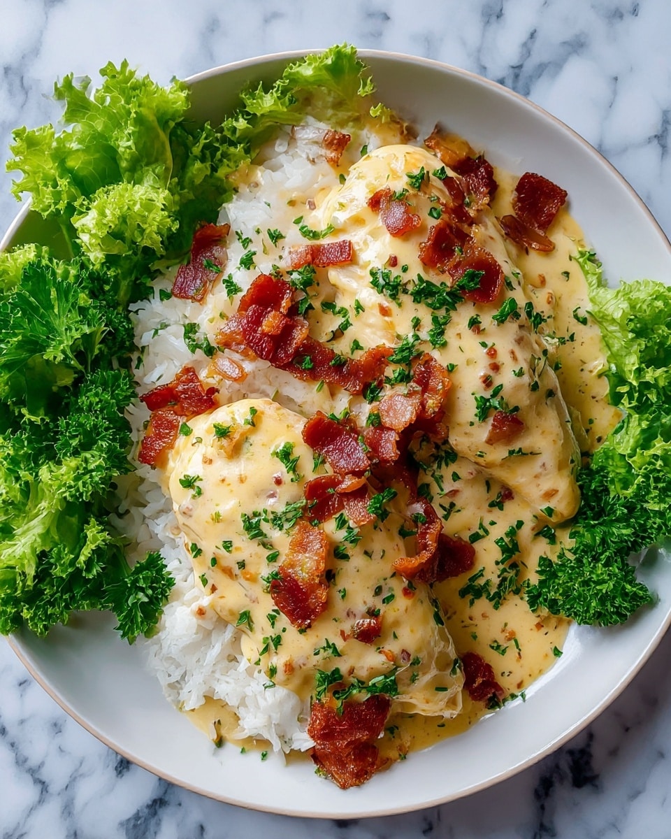 A white plate holds a dish with three main layers: the bottom layer is white rice with a soft and fluffy texture, the middle layer is two pieces of chicken breast covered in a creamy light yellow sauce with visible small bits of herbs and spices, and the top layer is scattered crispy, reddish-brown bacon pieces along with finely chopped green herbs sprinkled all over. On the left and right edges of the plate, fresh bright green leafy lettuce and curly parsley add a fresh, vibrant contrast to the creamy and rich colors of the main dish. The whole setup is on a white marbled surface. photo taken with an iphone --ar 4:5 --v 7