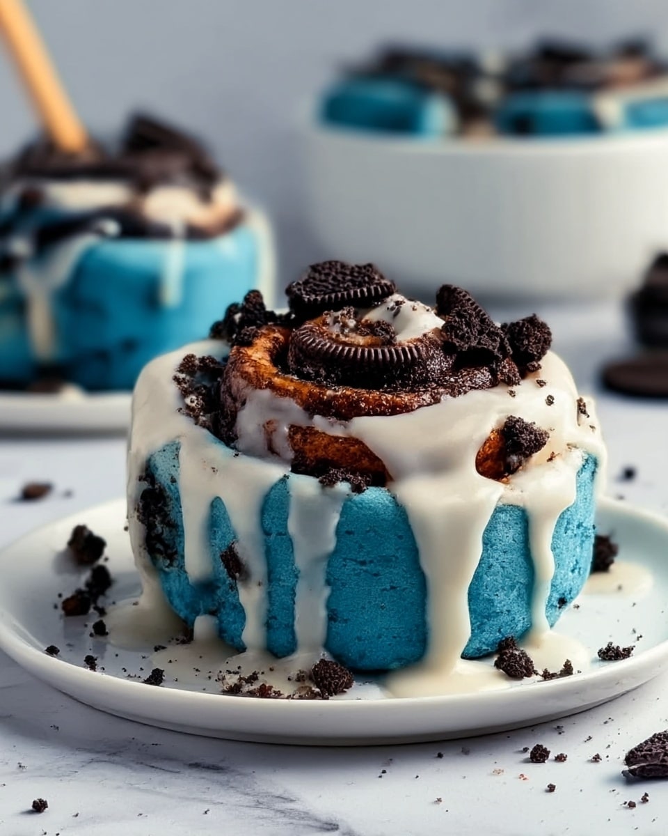 The image shows a blue cinnamon roll with three visible layers: a soft blue dough base with small dark specs inside, a rich dark brown swirl of cinnamon filling in the middle, and a smooth layer of white icing dripping over the top and sides. The top also has bits of dark crumbled cookies scattered around. The roll sits on a white plate placed on a white marbled surface, with cookie crumbs around it. In the background, there is another similar roll in a white bowl, and a woman's hand holding a stick in the upper left corner. Photo taken with an iphone --ar 4:5 --v 7