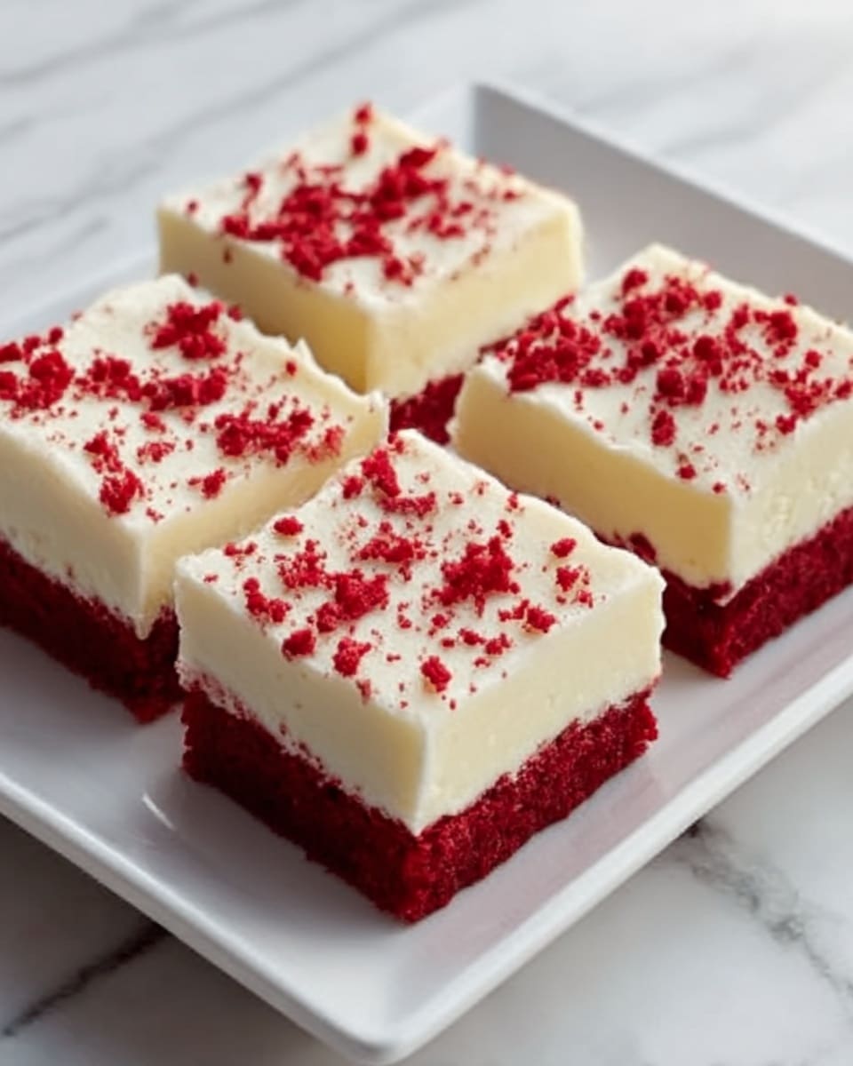 The image shows four square pieces of red velvet cake neatly arranged on a rectangular white plate. Each piece has a thick, smooth layer of creamy white frosting on top, which looks soft and slightly whipped. The top of the frosting is sprinkled with small bright red cake crumbs, adding texture and color contrast. The background surface is a white marbled texture, giving a clean and bright look to the scene. Photo taken with an iphone --ar 4:5 --v 7