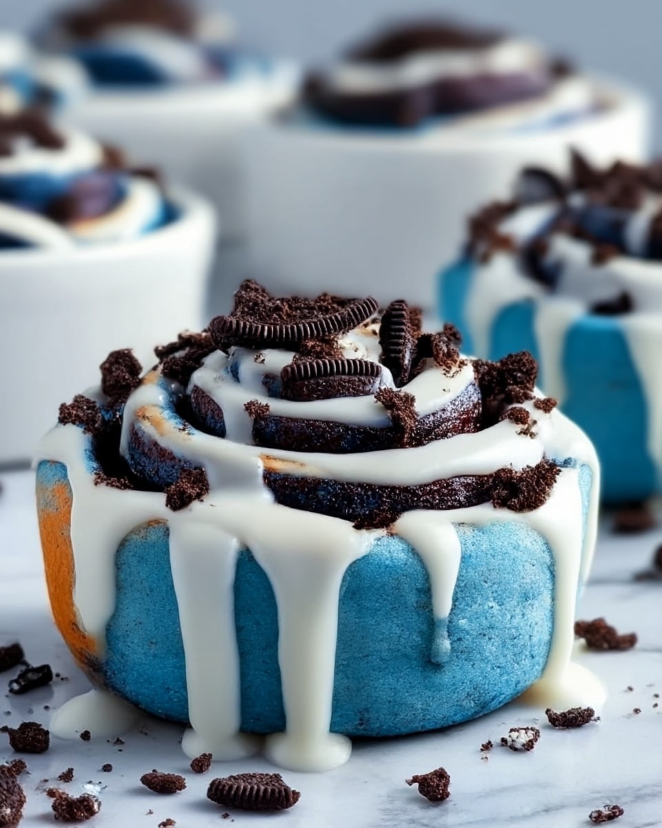 A close-up view of a single cinnamon roll sitting on a white marbled surface, with a soft blue dough base that spirals upward in layers showing darker blue tones. The cinnamon roll is topped with thick white icing that drips down the sides in smooth streams, and it is sprinkled with small crumbled pieces of dark chocolate cookies spread on top and around the roll. More cinnamon rolls with the same blue and white icing can be seen blurred in the background in white bowls. Photo taken with an iphone --ar 4:5 --v 7