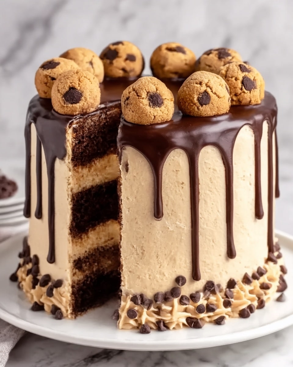 A four-layer chocolate cake with two creamy peanut butter filling layers in between, topped with smooth chocolate dripping down the sides. The cake's outer frosting is a light beige peanut butter color, decorated on the lower side with small chocolate chips around the base. On the top, there are several round chocolate chip cookie balls placed evenly around the edge. The cake is sitting on a white plate with a white marbled surface in the background. Photo taken with an iphone --ar 4:5 --v 7