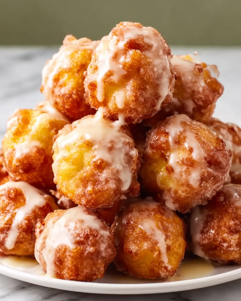 The image shows a close-up of a white plate filled with multiple small, round, golden brown fritters stacked in a pyramid shape. Each fritter is crispy with a rough texture and is covered lightly with a creamy white glaze that drips down the sides. The fritters have an uneven surface, showing a crunchy exterior and soft inside. The plate is set on a white marbled surface. Photo taken with an iphone --ar 4:5 --v 7