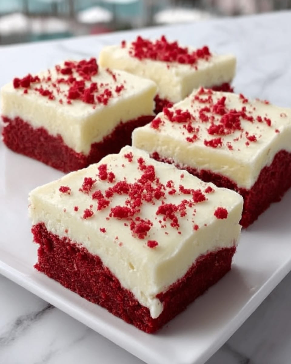 The image shows four square pieces of red velvet cake with a thick, creamy white frosting layer on top. The base layer is a deep red color with a moist texture, while the frosting layer is smooth and thick, covering each piece evenly. Each cake square is topped with small red cake crumbs, scattered over the frosting, adding a touch of color contrast. The cakes are placed on a white rectangular plate, and the background is a white marbled surface with a blurred setting. photo taken with an iphone --ar 4:5 --v 7