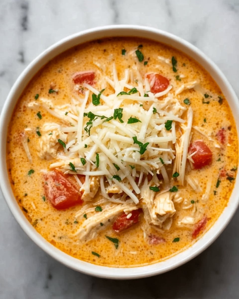 A white bowl filled with a creamy orange soup that has visible chunks of shredded chicken and pieces of red tomatoes. The soup is topped with a layer of shredded white cheese scattered over the center, along with small green herbs sprinkled lightly on top. The bowl is placed on a white marbled surface. The texture of the soup looks smooth and thick, with the chicken pieces adding a bit of texture inside. photo taken with an iphone --ar 4:5 --v 7