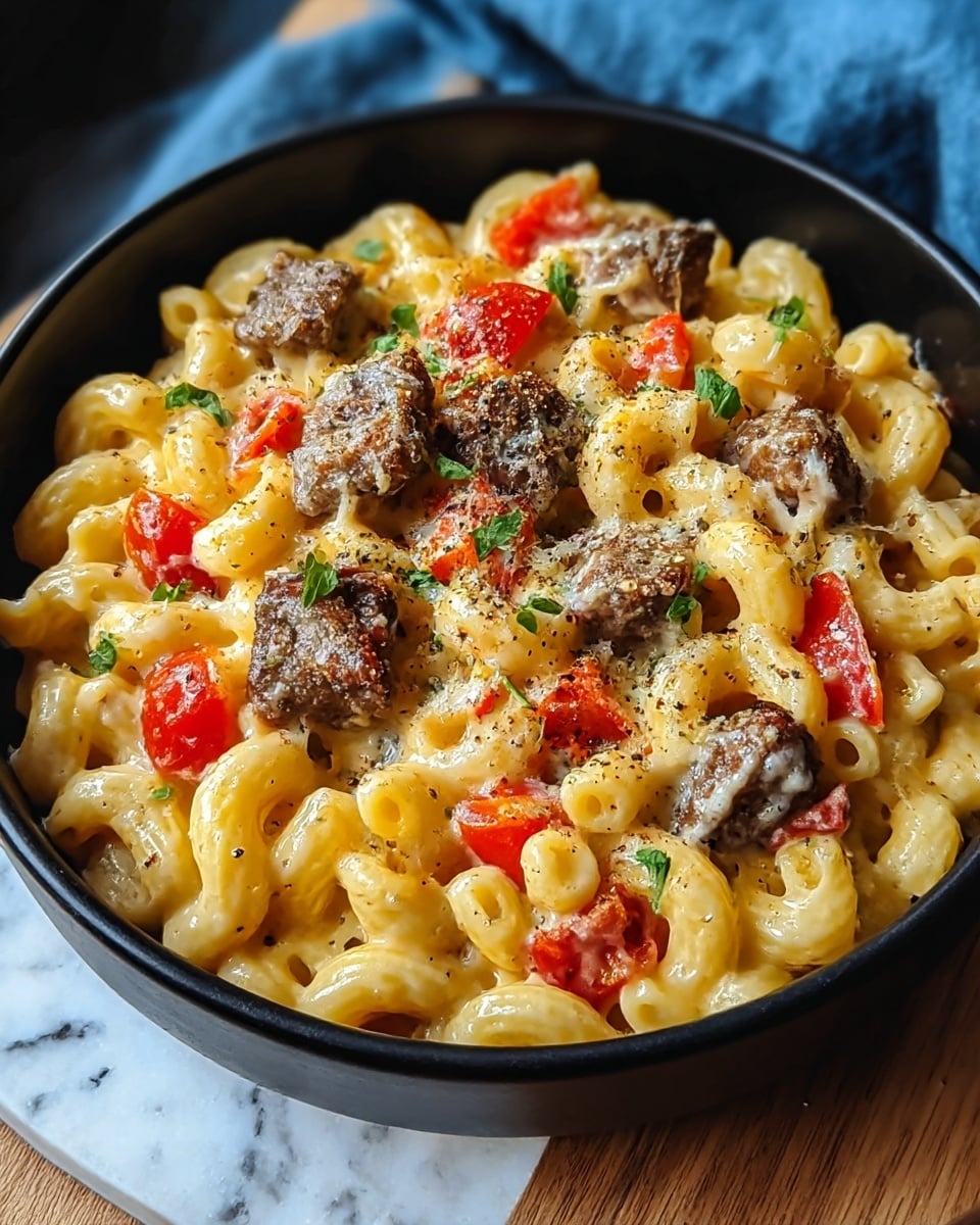 A close-up of a black bowl filled with macaroni pasta coated in a creamy yellow cheese sauce, topped with small chunks of browned steak and bright red tomato pieces. The dish is sprinkled with fresh green herb leaves and a light dusting of black pepper. The bowl sits on a wooden board with a blue cloth nearby on a white marbled surface. The cheese looks melted and slightly browned in spots, creating a rich, textured top layer. photo taken with an iphone --ar 4:5 --v 7