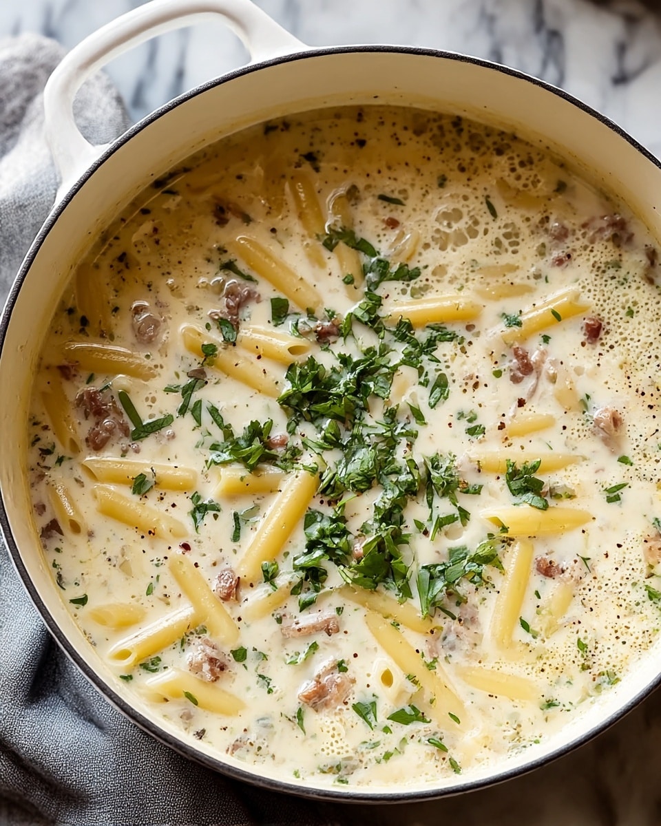 A white pot filled with a creamy soup that has three main layers: a thick, light cream base covering most of the surface with a smooth texture and small bubbles; scattered short, pale yellow pasta sticks partly submerged and evenly spread into the creamy base; and small pieces of shredded brown meat mixed in with chopped fresh green herbs floating on top. The soup looks rich with specks of black pepper visible. The pot sits on a white marbled surface with a gray cloth nearby. Photo taken with an iphone --ar 4:5 --v 7