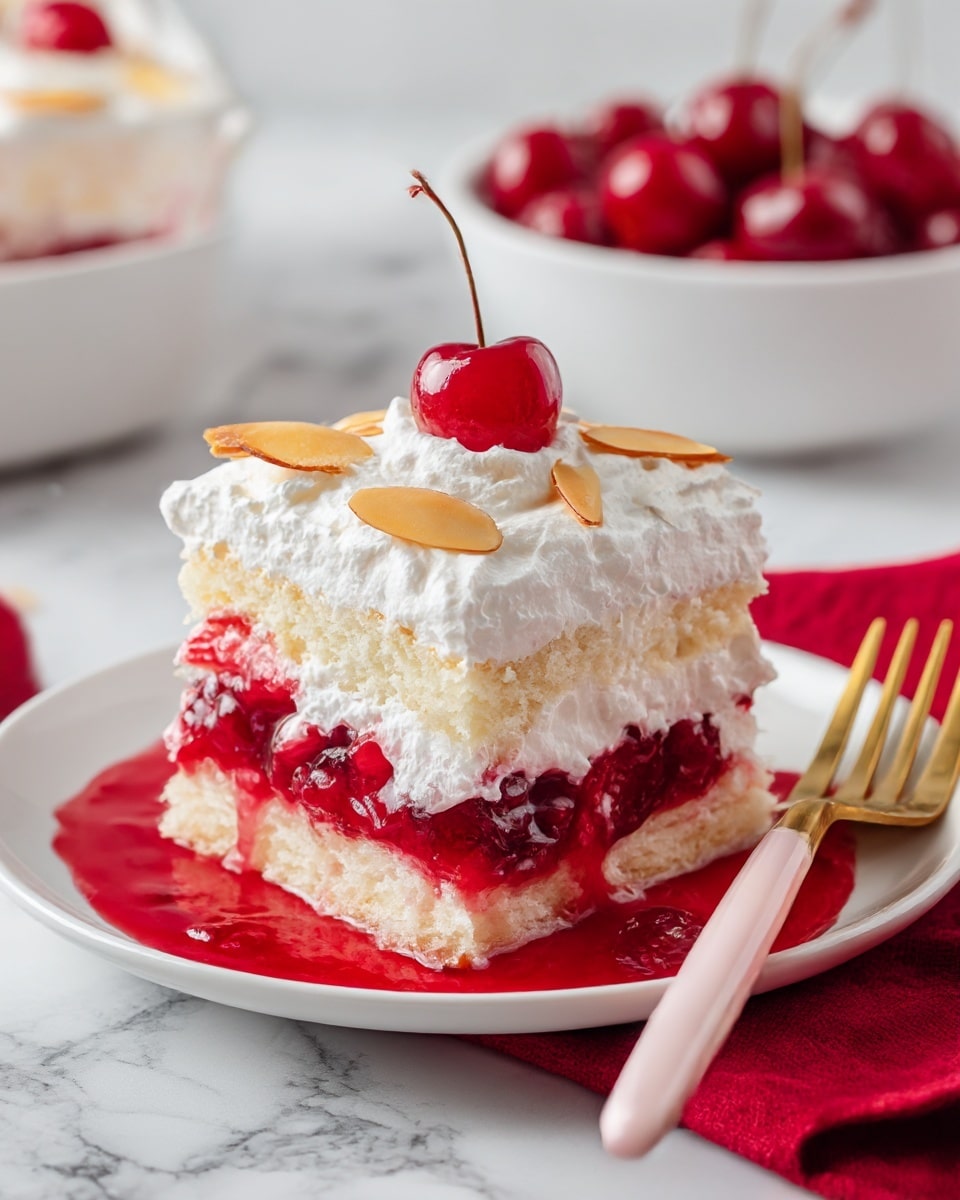 This image shows a piece of cherry dessert on a white plate with three visible layers. The bottom layer is white and fluffy cake soaked with red cherry syrup. The middle layer is bright red cherry filling with whole cherries, slightly oozing out. The top layer is thick white whipped cream with a glossy red cherry in the center and two thin toasted almond slices on either side. A gold fork with a pale pink handle rests on the right side of the plate. The plate is set on a red cloth, all placed on a white marbled surface. In the background, there is a white bowl filled with more cherry filling. Photo taken with an iphone --ar 4:5 --v 7