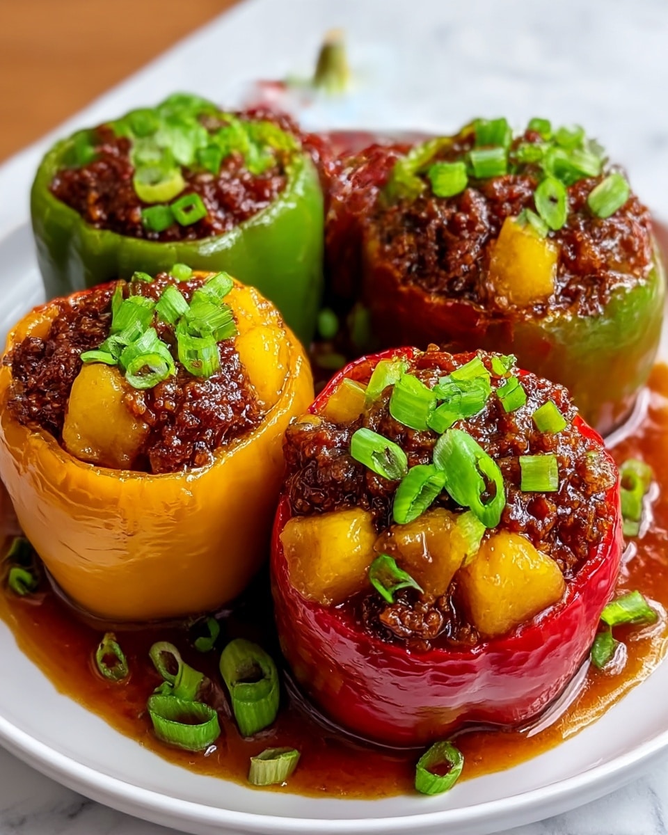 Four stuffed bell peppers sit on a white plate placed on a white marbled surface. The peppers include two red ones, one green, and one yellow, each hollowed and filled to the top with a glossy, dark brown minced meat mixture mixed with bright yellow pineapple chunks. The filling is covered with a shiny sauce that pools around the base of the peppers, adding a rich, wet texture. Fresh chopped green onions are sprinkled generously over the filling and around the plate, adding a pop of green color and freshness. Photo taken with an iphone --ar 4:5 --v 7
