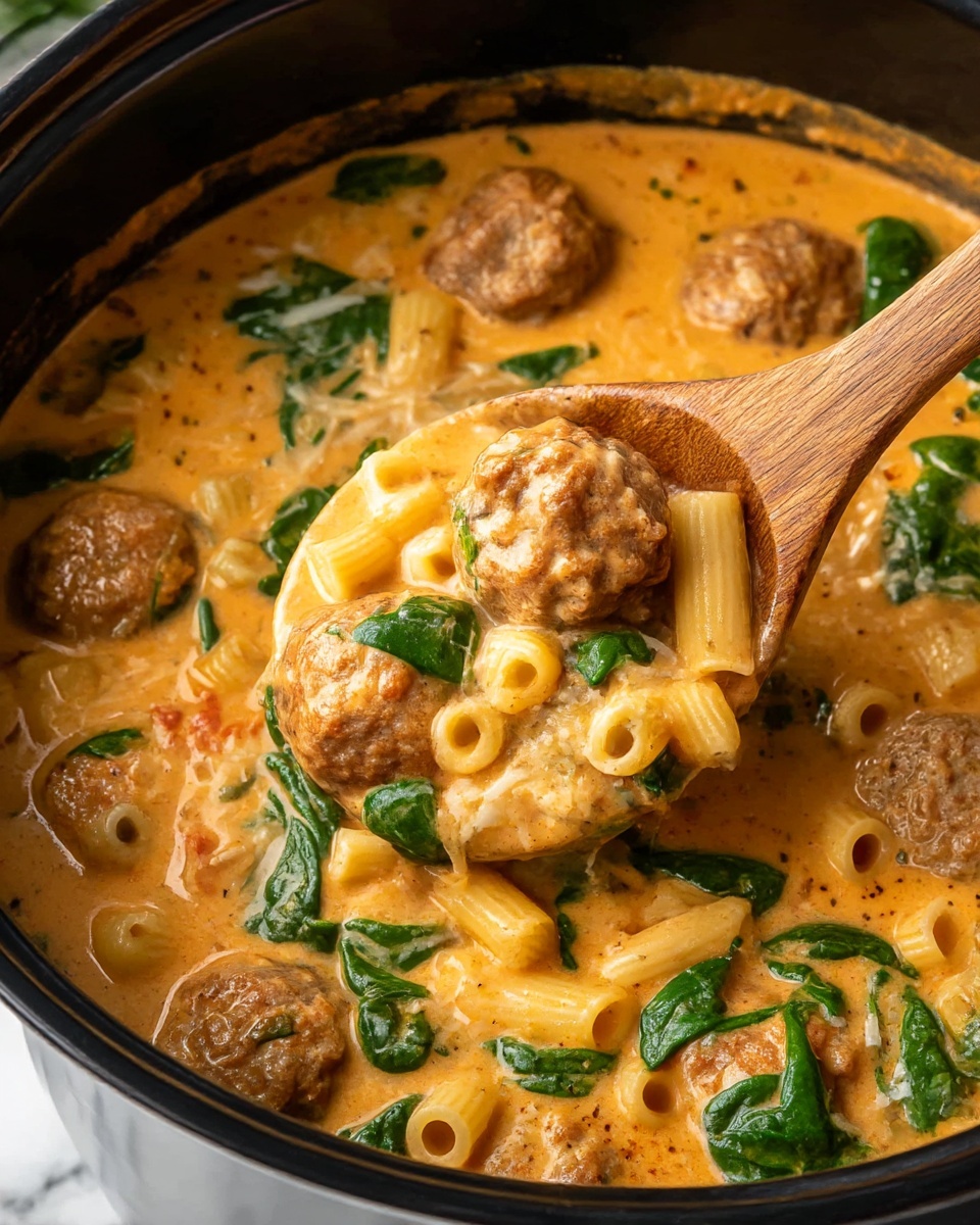 A close-up view of a thick, creamy orange soup in a black pot, filled with several large meatballs, small tubular pasta pieces, and bright green spinach leaves that add color and texture. The soup itself looks rich and smooth with flecks of seasoning visible. A wooden spoon is lifting a scoop of the soup, showing a mix of all the ingredients with the meatballs and spinach on top, highlighting the hearty and comforting nature of the dish. The pot sits on a white marbled surface. photo taken with an iphone --ar 4:5 --v 7