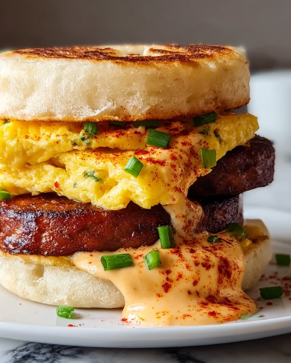 A close-up of a breakfast sandwich on a white plate, set on a white marbled surface. The sandwich has four main layers: a lightly toasted English muffin with a golden, crispy top and soft, fluffy texture, two thick, yellow scrambled egg layers cooked with green chives, and two dark brown sausage patties with a slight char on the edges. Between the sausage and eggs, and dripping down the sides, is a creamy, pale orange sauce dusted with red paprika and garnished with fresh green chive pieces. The sauce looks smooth and rich, adding a glossy finish to the sandwich. Photo taken with an iphone --ar 4:5 --v 7