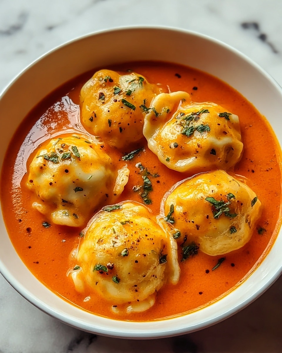 A white bowl filled with bright orange tomato sauce, smooth and slightly thick. Four large, round dumplings with a golden, slightly browned top float in the sauce, each sprinkled with small green herb pieces and tiny black pepper flakes. The dumplings have a soft, smooth-looking texture on top with slightly uneven edges. The bowl sits on a white marbled surface. photo taken with an iphone --ar 4:5 --v 7