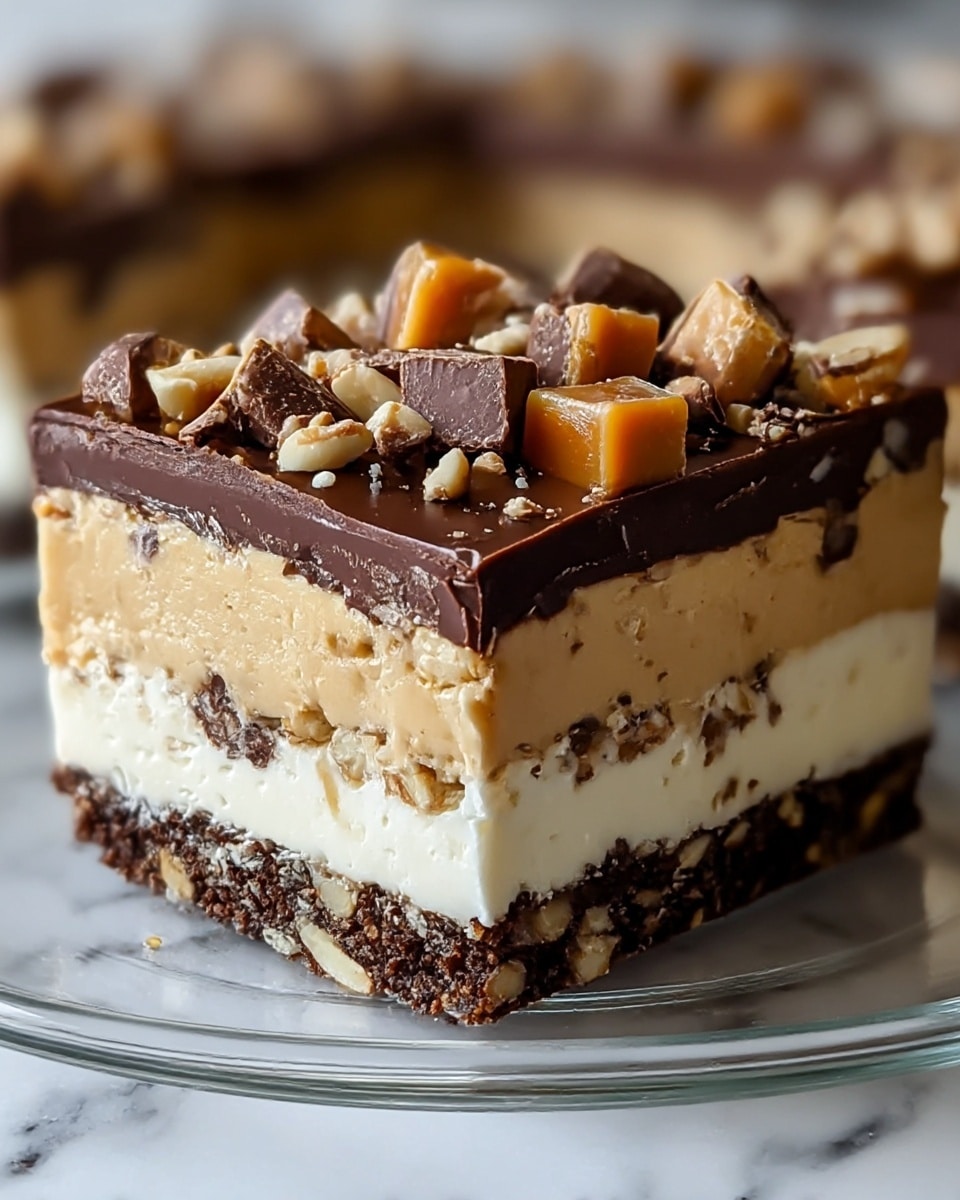 A close-up of a dessert square showing five distinct layers on a clear glass plate against a white marbled table. The bottom layer is a dark brown crumbly crust with small crunchy bits. Above it is a smooth peanut butter-colored creamy layer. Next is a thinner dark chocolate layer embedded with small nut pieces. The fourth layer is thick, creamy white with more nut bits mixed in. The top layer is a glossy dark chocolate ganache, sprinkled with chunks of caramel, milk chocolate pieces, and chopped nuts. The dessert has clean, sharp edges with a rich and textured look. Photo taken with an iphone --ar 4:5 --v 7