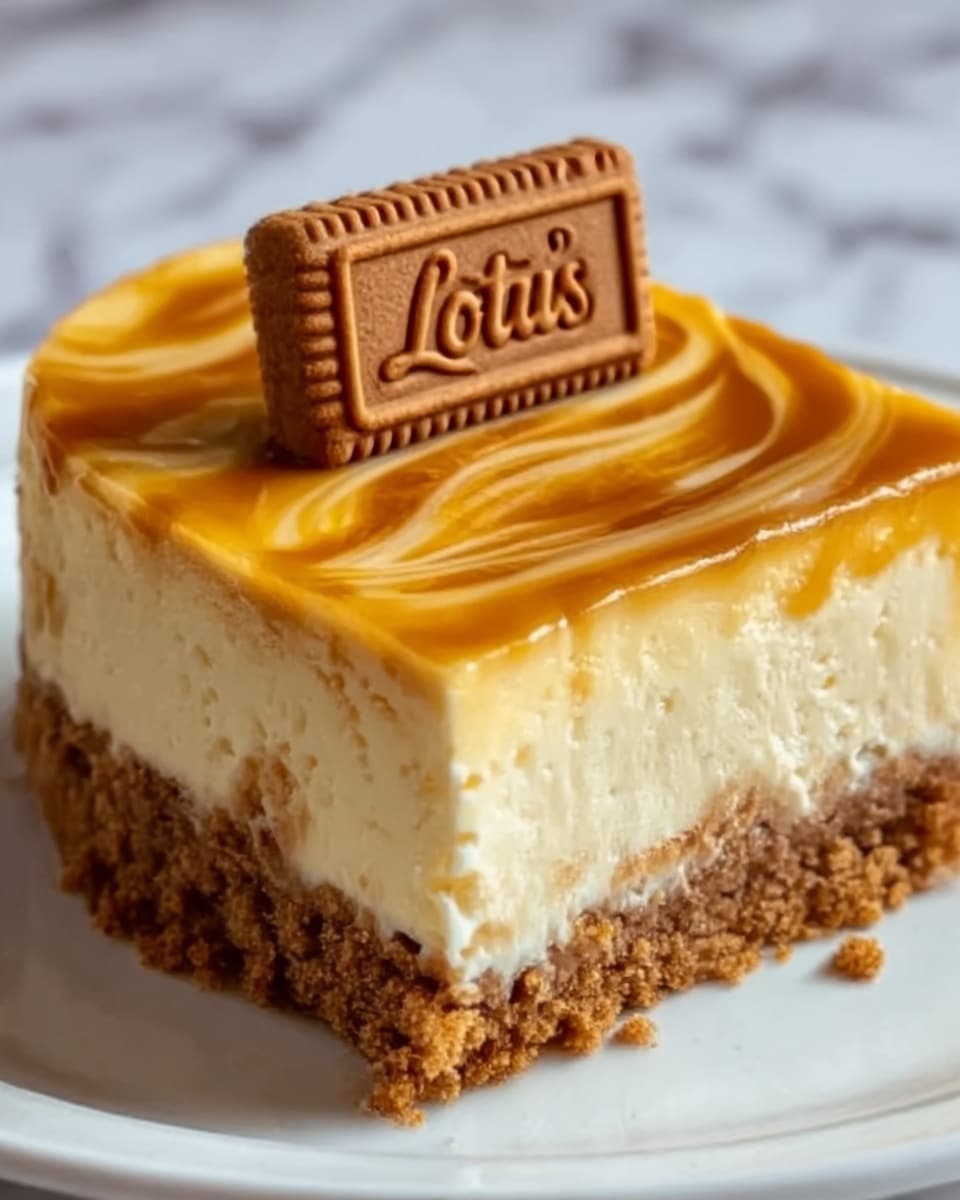 This image shows a close-up of a round cheesecake with three visible layers on a white plate, placed on a white marbled surface. The bottom layer is a dark brown crumbly base, while the thick middle layer is creamy and pale yellow with a smooth texture. The top layer is covered with a bright golden caramel drizzle, which flows down the sides slightly. On top of the cheesecake sits a caramel cookie with an embossed pattern. The cheesecake has one slice cut out, showing the layers clearly. Photo taken with an iphone --ar 4:5 --v 7