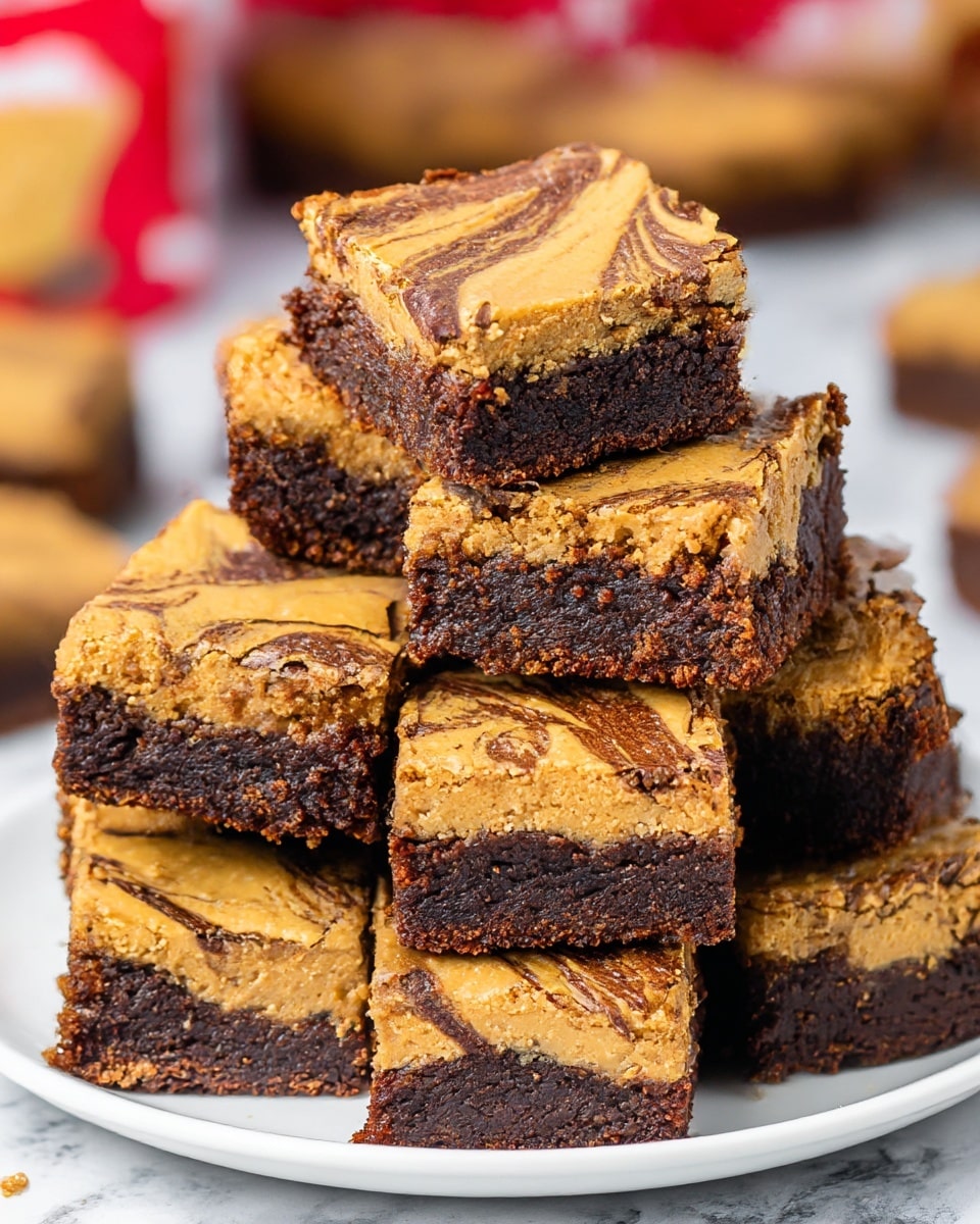 A stack of seven thick brownie squares sits on a white plate on a white marbled surface, each square showing two clear layers: a rich, dark chocolate bottom layer with a dense and moist texture, and a swirled golden peanut butter top layer with a smooth yet slightly cracked surface. The peanut butter is spread in irregular patterns, creating a marbled effect with the dark chocolate mixed throughout the top. The brownies have a firm crust around the edges, and crumbs are scattered nearby on the surface. In the background, a blurred red and yellow jar is partly visible. Photo taken with an iphone --ar 4:5 --v 7