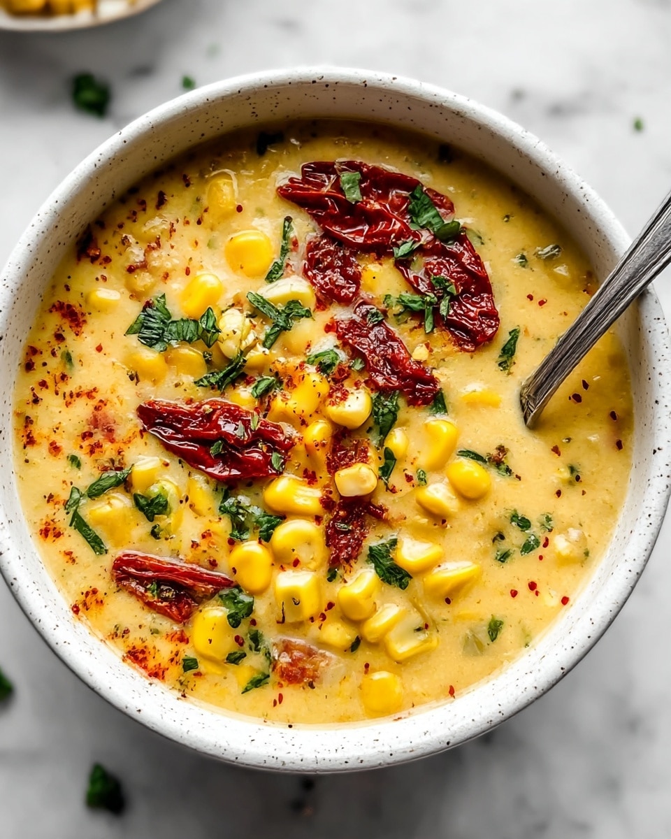 A white speckled bowl filled with creamy yellow corn chowder showing visible chunks of bright yellow corn kernels and small pieces of green herbs. On top, there are deep red sun-dried tomato strips and green herb garnishes, sprinkled with black pepper and red chili powder. A silver spoon rests inside the bowl on the right side. The bowl is placed on a white marbled surface. Photo taken with an iphone --ar 4:5 --v 7