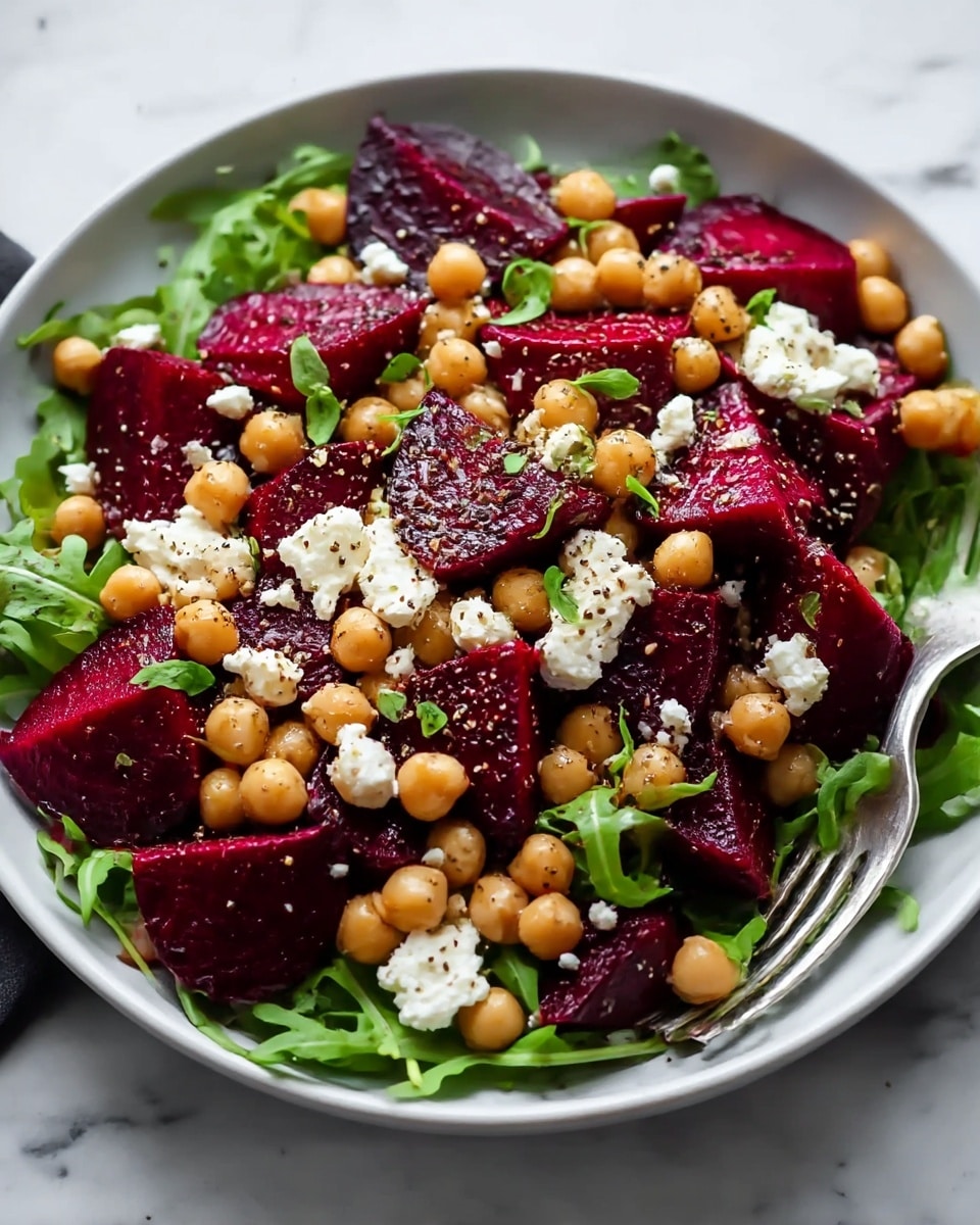 A white bowl filled with a colorful salad, starting with a base layer of green arugula leaves. On top of it, there are large chunks and slices of dark red roasted beets, and golden chickpeas scattered evenly across. Small dollops of white soft cheese are spread throughout, adding texture and brightness. A few sprinkles of fresh green herbs and a light dusting of ground pepper are visible, enhancing the look. A silver fork rests on the edge of the bowl, all placed on a white marbled surface. Photo taken with an iphone --ar 4:5 --v 7