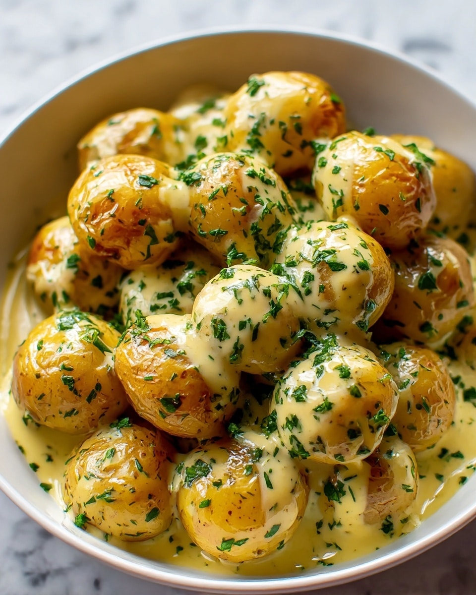A bowl filled with about a dozen small roasted potatoes stacked loosely, each potato golden-brown with a slightly crispy skin showing a light glaze. The potatoes are coated generously with a creamy yellow sauce that pools at the bottom. The sauce is speckled with finely chopped green herbs, adding bursts of fresh color all over the pototoes' shiny surfaces. The bowl is white and the whole scene sits on a white marbled texture, giving a clean and fresh look. photo taken with an iphone --ar 4:5 --v 7