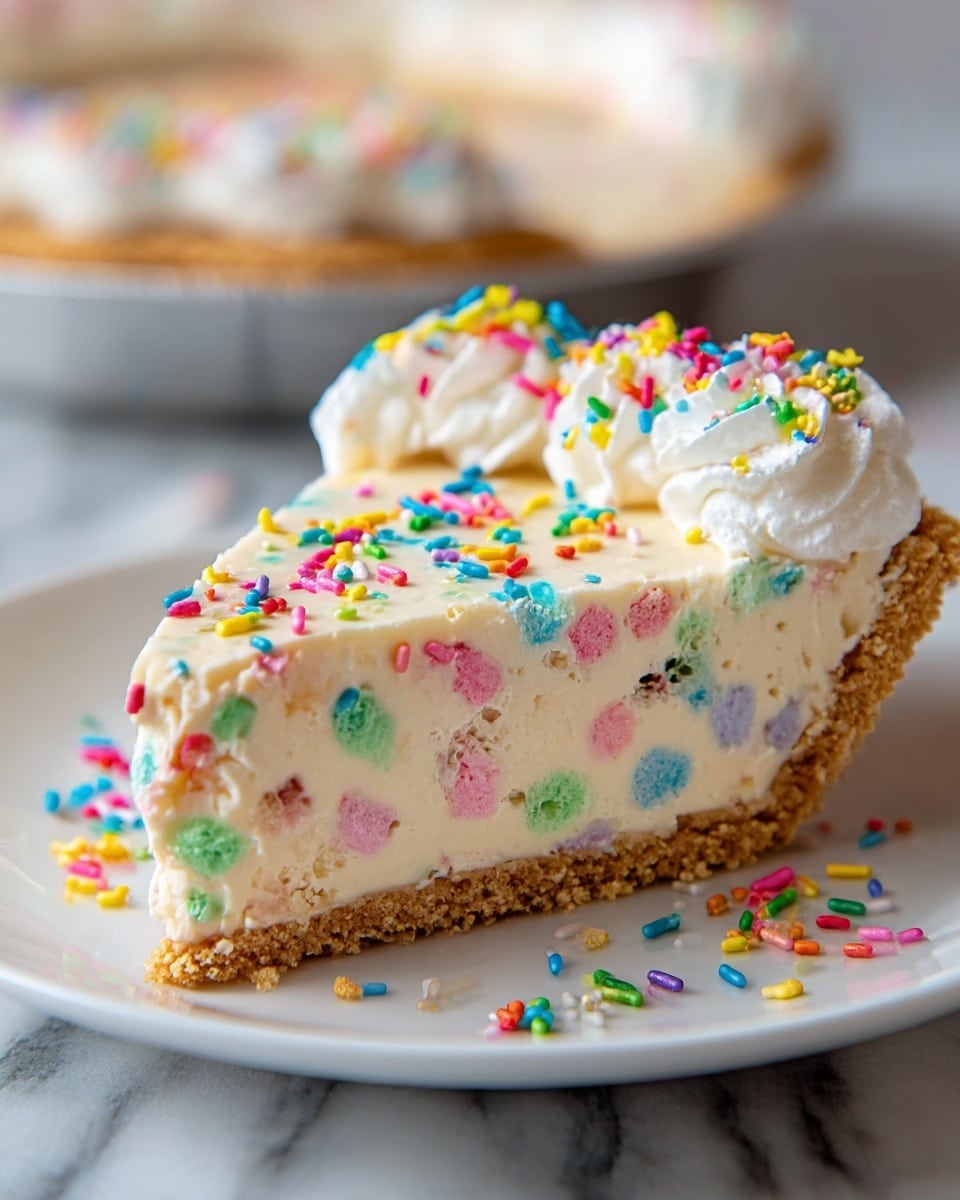 A close-up of a slice of pie on a white plate with a crumbly light brown crust as the bottom layer. The middle layer is creamy and off-white with colorful confetti-like spots in green, pink, blue, and purple spread throughout. On top is a thick layer of white whipped cream piped in small swirls along the edge, decorated with bright multicolored sprinkles in pink, green, yellow, blue, purple, and orange. The background shows a blurred view of the rest of the pie in a glass dish on a white marbled texture. photo taken with an iphone --ar 4:5 --v 7