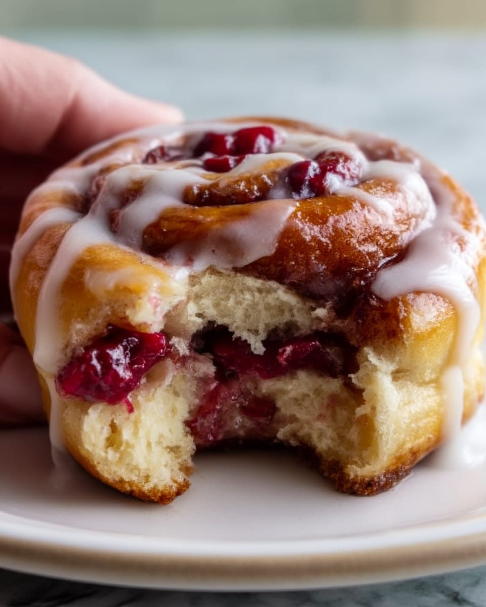 A close-up of a soft cinnamon roll with three visible layers: a golden-brown outer dough layer, a middle layer of dark red berry filling, and a glossy white icing layer drizzled on top. The roll is slightly torn to show the fluffy, light inside texture with bits of berry filling. The cinnamon roll sits on a white plate placed over a white marbled surface, and a woman's hand is gently holding it from the side. Photo taken with an iphone --ar 4:5 --v 7