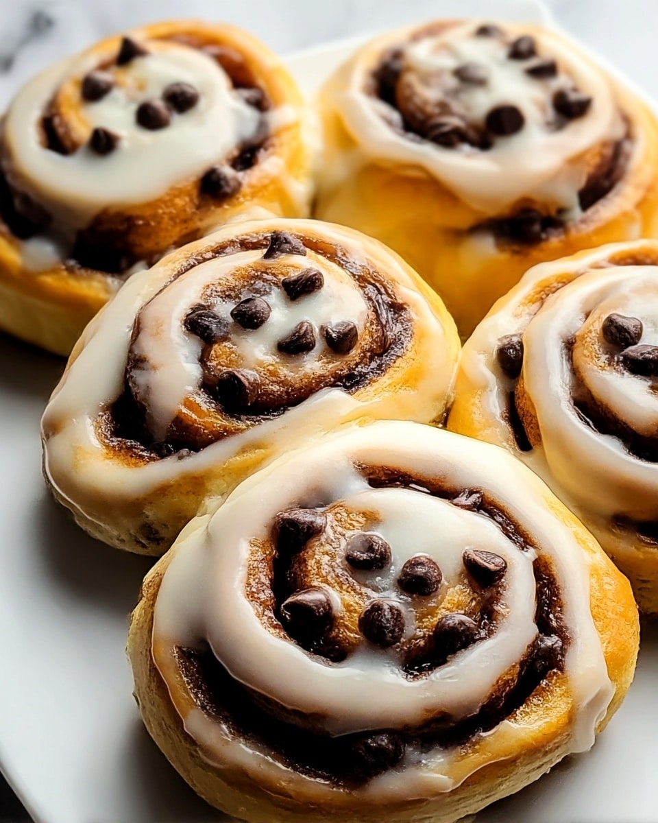 A close-up view of four cinnamon rolls arranged closely on a white plate, each roll showing three visible spiral layers of soft golden-brown dough swirled with dark brown cinnamon filling. On top of the rolls, glossy dark chocolate chips are scattered in each spiral layer, with a thick, creamy white glaze flowing unevenly over the top and down the sides, giving a shiny, rich texture. The background is a white marbled surface, making the warm tones of the rolls and chocolate stand out clearly. photo taken with an iphone --ar 4:5 --v 7
