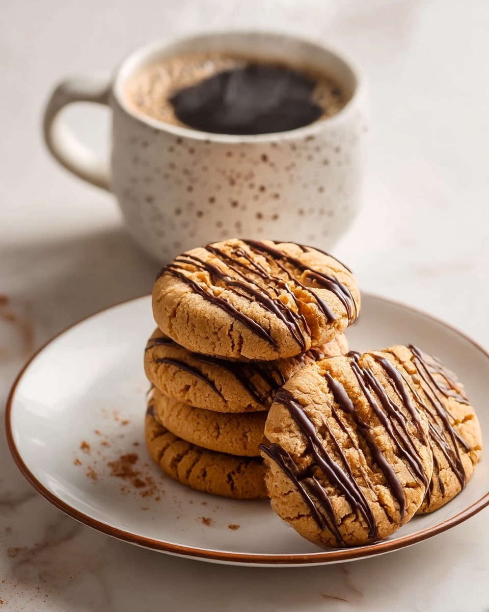 A stack of five thick, golden-brown cookies with a slightly cracked texture, each drizzled with glossy dark chocolate lines, sits in the center of a white plate with subtle brown speckles and a thin brown rim. One cookie leans against the stack showing its round shape and chocolate drizzle. Behind the plate is a white speckled mug filled with steaming black coffee. The whole scene rests on a white marbled surface with soft light highlighting the warm colors and textures. photo taken with an iphone --ar 4:5 --v 7