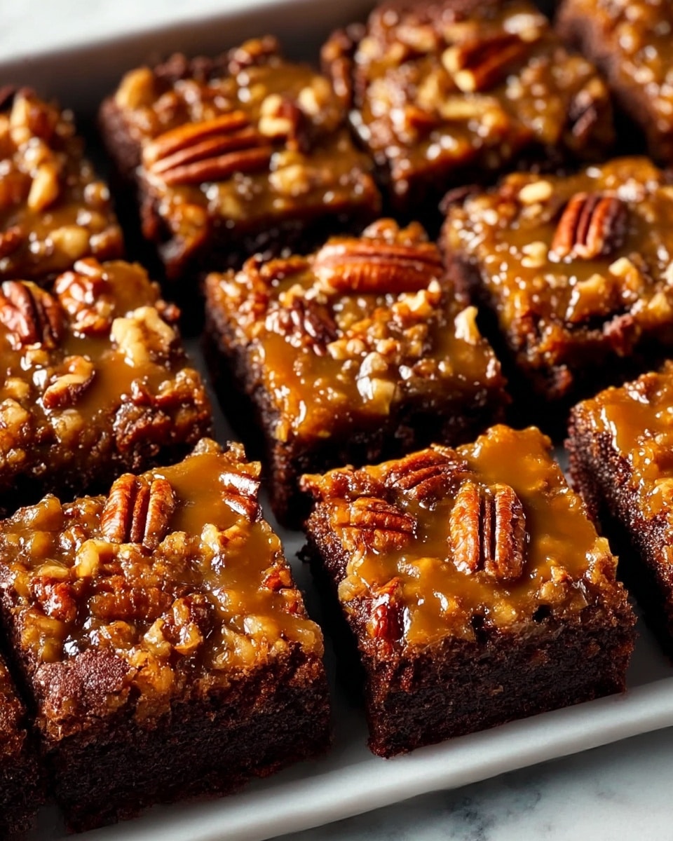 The image shows several close-up squares of a two-layer dessert arranged tightly on a dark baking tray. The bottom layer is a thick, dark brown brownie with a dense and slightly crumbly texture. On top, there is a glossy, golden-brown pecan topping layer that looks sticky and caramelized with pieces of pecans spread evenly throughout, giving a crunchy texture. The pecan layer has a shiny glaze that reflects light, making it look rich and sweet. The tray sits on a white marbled surface, and the focus is on the front pieces, with the background slightly blurred. photo taken with an iphone --ar 4:5 --v 7