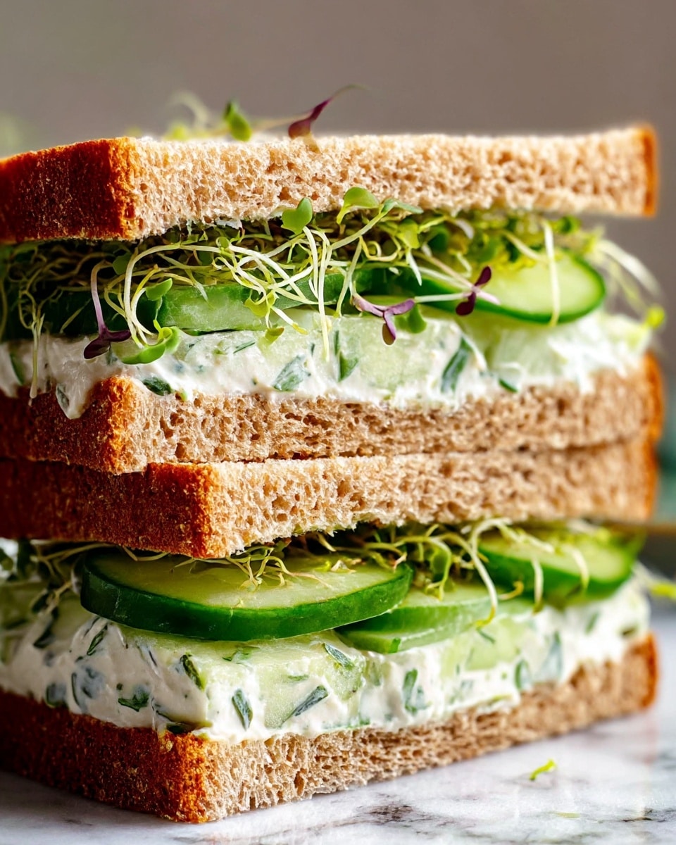 A close-up of a sandwich with two layers of soft, brown wheat bread. Between the bread slices are thick pieces of fresh, light green cucumber mixed with creamy white spread that has small green herbs. On top of the cucumber layer are light green and purple sprouts adding texture and a fresh look. The sandwich layers are thick and the bread looks soft and slightly textured. The background is a white marbled texture. photo taken with an iphone --ar 4:5 --v 7