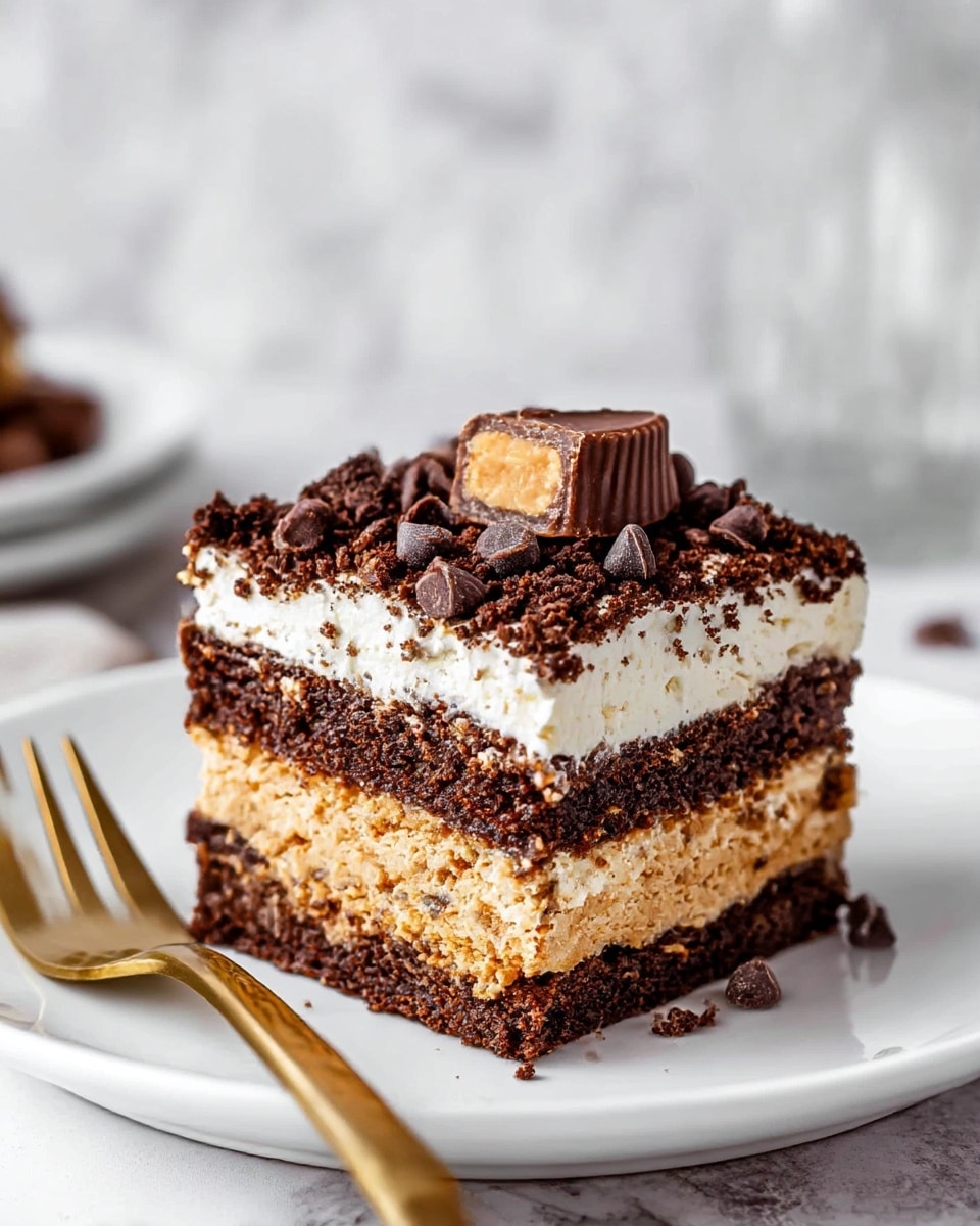 A thick square dessert with five visible layers sits on a white plate with a gold fork. The bottom layer is a dark brown cake base, topped by a light peanut butter-colored layer with a slightly rough texture. Above that is another thin dark brown cake layer, followed by a creamy white layer that looks smooth and fluffy. The top is covered with dark brown chocolate crumbs and scattered chocolate chips. A piece of peanut butter chocolate candy with a creamy peanut center sits on top. The background shows a blurred white marbled texture with a glass container in soft focus. photo taken with an iphone --ar 4:5 --v 7