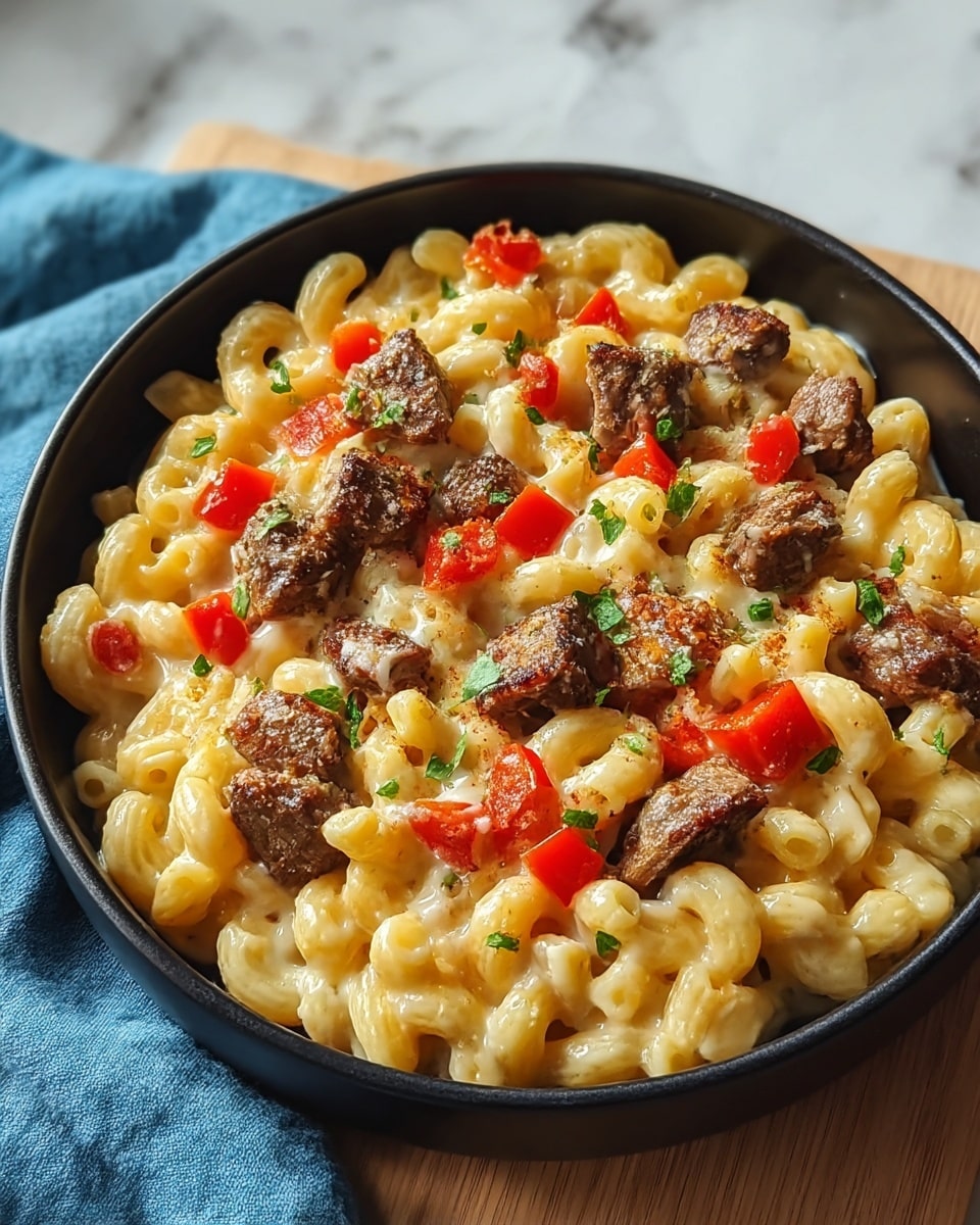 A black bowl holds a creamy macaroni and cheese base, showing yellow, soft pasta with melted cheese on top. Scattered evenly over the cheese are browned chunks of beef and bright red diced tomatoes, adding a colorful contrast. Small green herb leaves are sprinkled on the surface, giving a fresh touch. The bowl sits on a wooden board, next to a pale blue cloth, with a white marbled texture in the background. Photo taken with an iphone --ar 4:5 --v 7