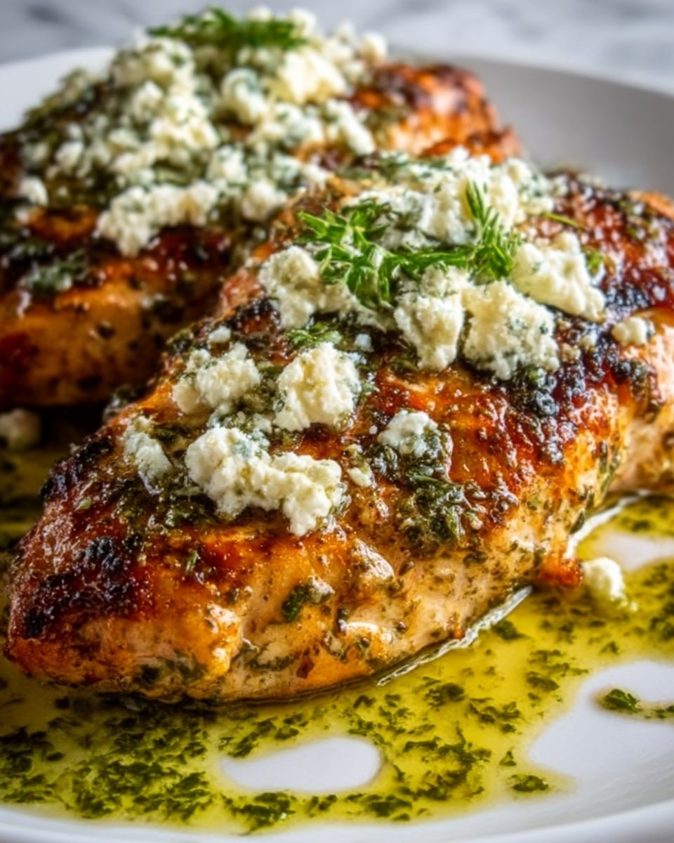 A grilled chicken breast cut into thick slices is arranged on a white plate, showing a golden, slightly charred outer layer with seasoned spices visible on top. The chicken is topped with crumbled white cheese and small green herb leaves, all sitting in a pool of light olive oil mixed with finely chopped herbs. The overall colors are warm golden browns, creamy white from the cheese, and rich green from the herbs. The plate rests on a white marbled surface. Photo taken with an iphone --ar 4:5 --v 7
