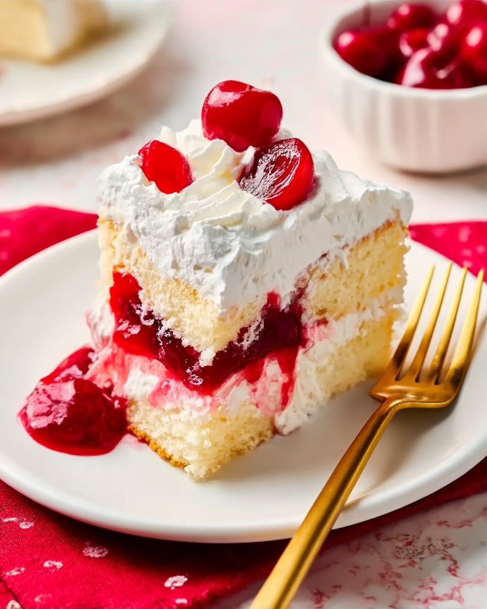 The image shows a slice of cherry dessert on a white plate. The bottom layer is moist white cake, topped with a bright red cherry filling layer with visible whole cherries. Above the cherry layer is a thick, creamy white layer that looks smooth and soft. The top is covered with fluffy white whipped cream, and there is a single cherry with syrup in the center on top. A gold fork with a pale pink handle is placed beside the dessert on the plate. The background has a white marbled texture with a hint of red fabric under the plate. Photo taken with an iphone --ar 4:5 --v 7
