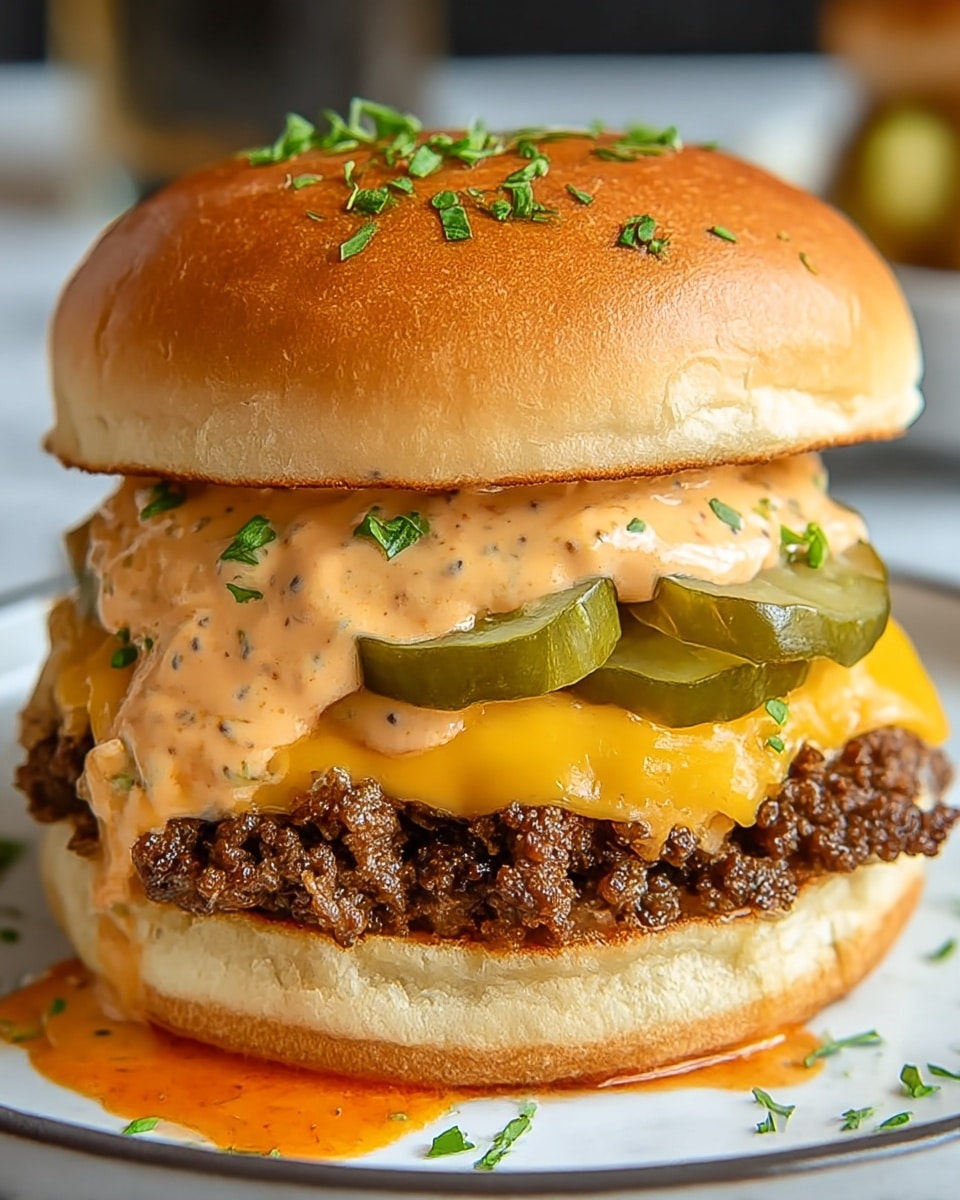 The image shows a close-up of a thick burger with a soft, light brown top bun sprinkled with small green herb pieces. Below the bun are several layers: sliced green pickles covered by a thick, creamy orange sauce with black pepper spots, then a melted bright orange cheddar cheese layer oozing over a crumbled, juicy dark brown seasoned beef patty. At the bottom, there is another spread of a smooth orange sauce, and the whole burger sits on a white soft bottom bun. The burger is placed on a white plate with a subtle texture, set against a white marbled textured background, some sauce dripping off the side. photo taken with an iphone --ar 4:5 --v 7