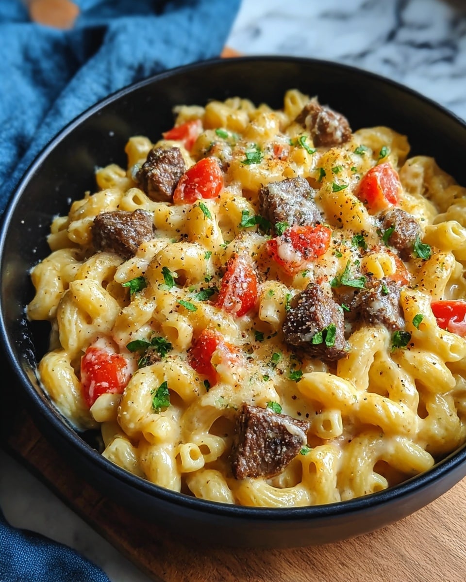 A close-up view of a black bowl filled with creamy macaroni and cheese, topped with small chunks of browned steak and bright red bell pepper pieces. The cheesy pasta is golden yellow and looks soft, with melted cheese evenly coating the top. Fresh green herbs are sprinkled over the dish, adding a splash of color. The bowl is placed on a wooden board with a light blue cloth nearby, and the background shows a white marbled texture. Photo taken with an iphone --ar 4:5 --v 7
