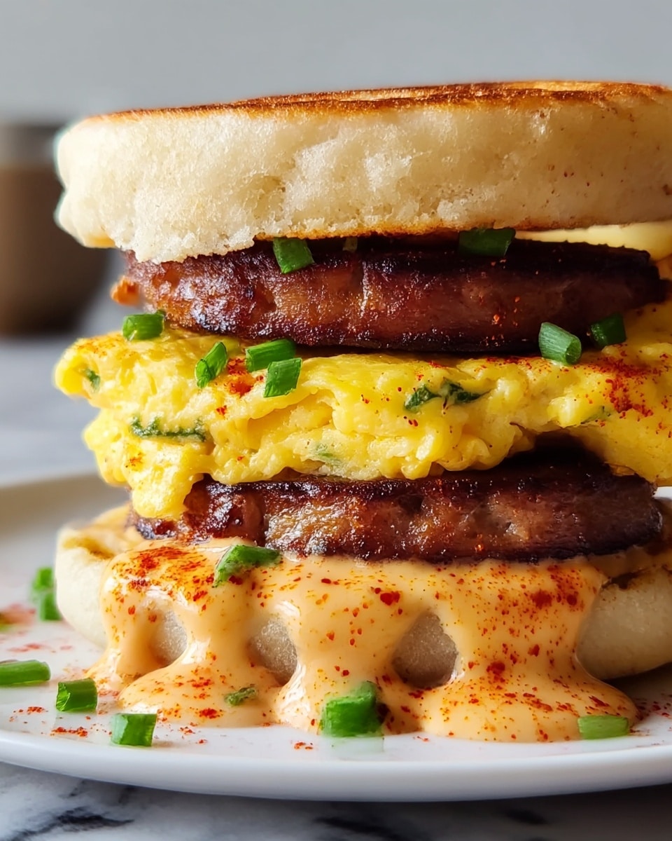 The image shows a thick sandwich with three main layers inside an English muffin, toasted to a light golden brown on the top and bottom. The bottom layer is fluffy yellow scrambled eggs with small green herb pieces mixed in, followed by a layer of dark brown, grilled sausage or meat. Another fluffy yellow scrambled egg layer with herbs sits above that, topped with one more sausage layer. Creamy orange sauce with a sprinkle of red spice drips down all the layers, adding a soft texture and vibrant color contrast. Small green onion pieces are scattered throughout the sandwich, resting on and around the sauce. The sandwich is placed on a white plate set on a white marbled surface. Photo taken with an iphone --ar 4:5 --v 7