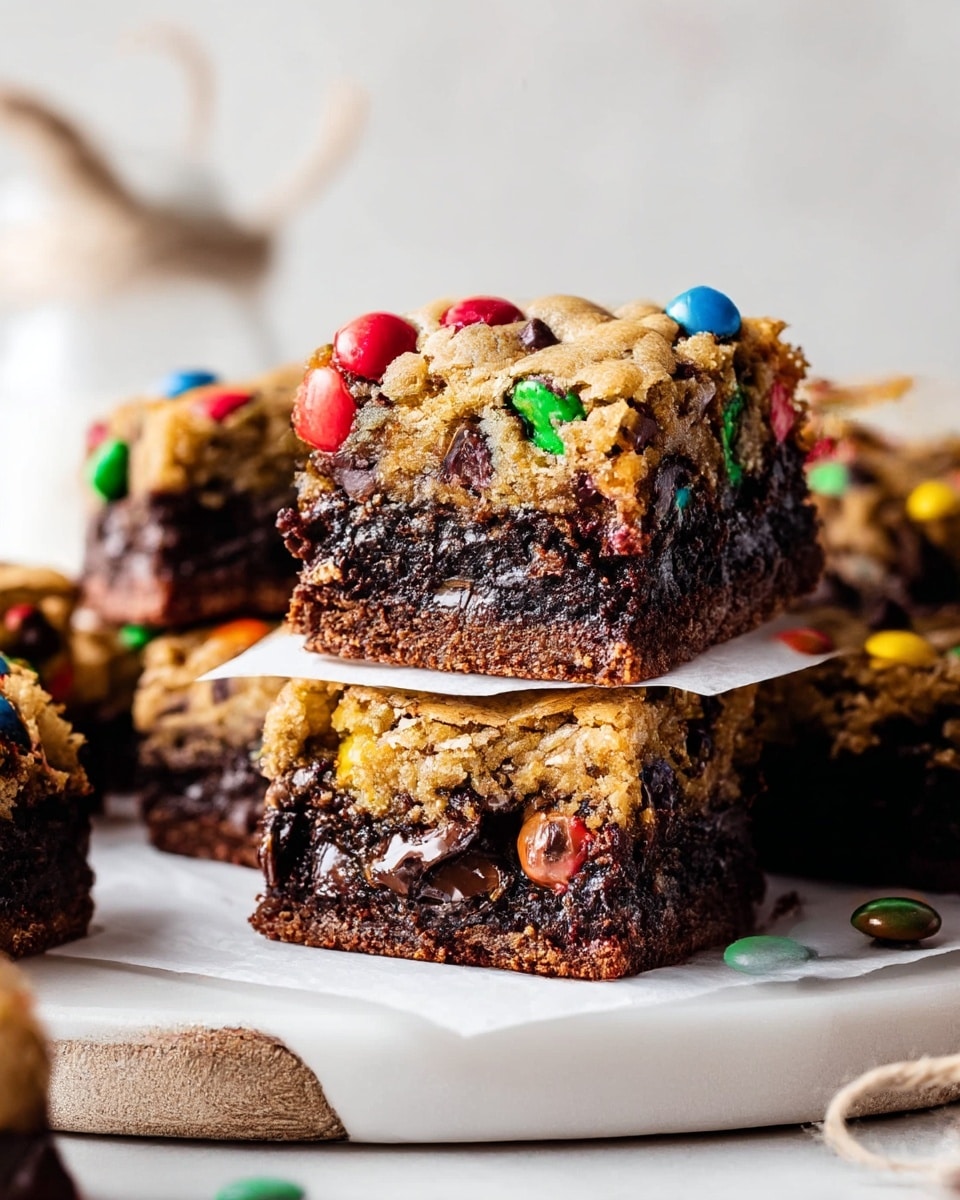 A stack of square dessert bars with two clear layers is shown on a white marbled surface covered with parchment paper. The bottom layer is dark brown, dense, and fudgy like a rich chocolate brownie, while the top layer is a lighter golden brown cookie dough texture with colorful candy-coated chocolate pieces mixed in and scattered around. The bars have a soft, chunky texture with visible chunks of chocolate and candies inside. The background is blurred with soft neutral tones. Photo taken with an iphone --ar 4:5 --v 7