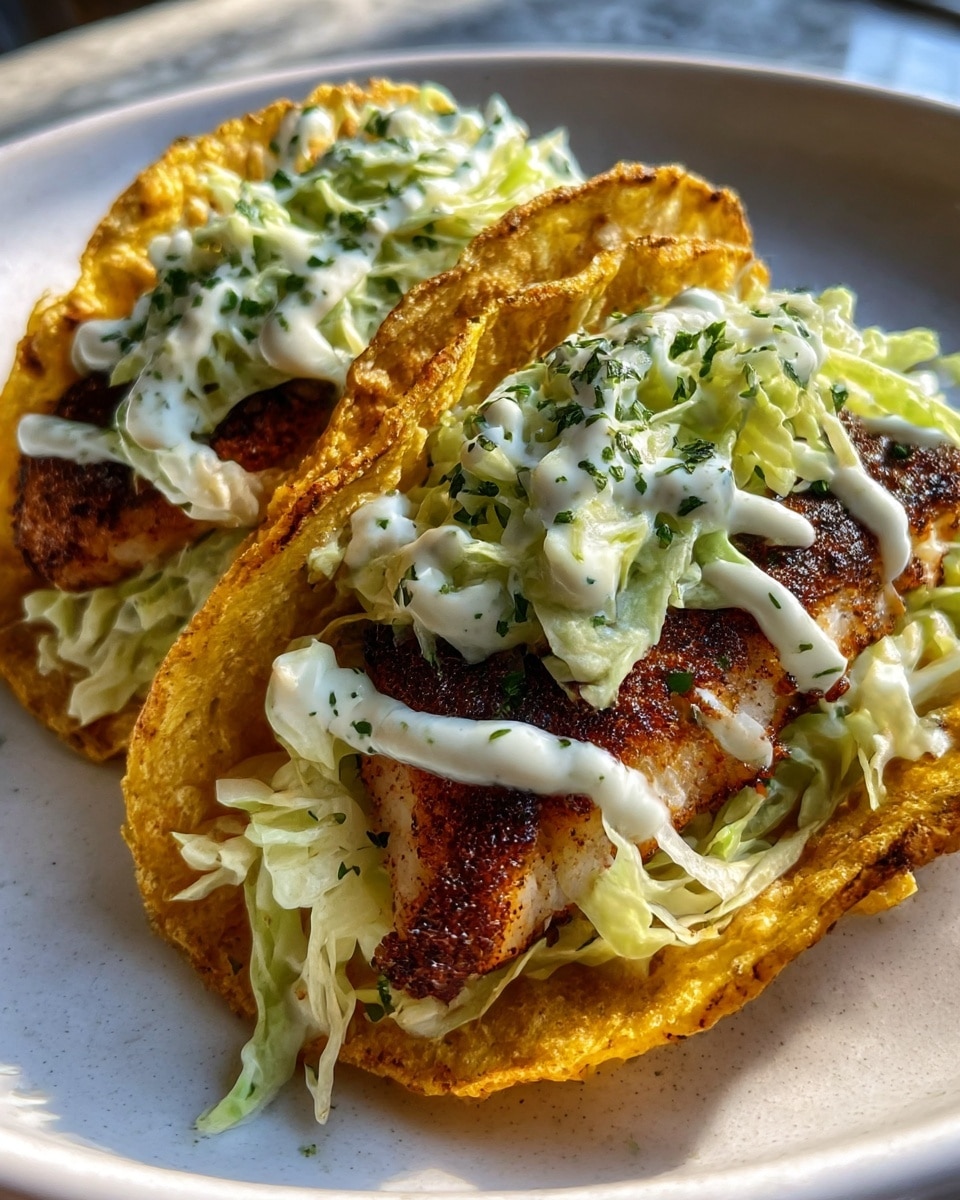 Two golden brown tacos rest on a white plate with a slight shine. Each taco shell has a crispy, textured edge that looks crunchy and holds the fillings securely. Inside, there is a layer of dark, seared fish pieces with a rough surface, topped with a heap of light green shredded cabbage mixed with fresh herbs. A creamy white sauce with small green flecks is drizzled over the cabbage, adding a smooth contrast to the crunch. The background is a white marbled texture. Photo taken with an iphone --ar 4:5 --v 7